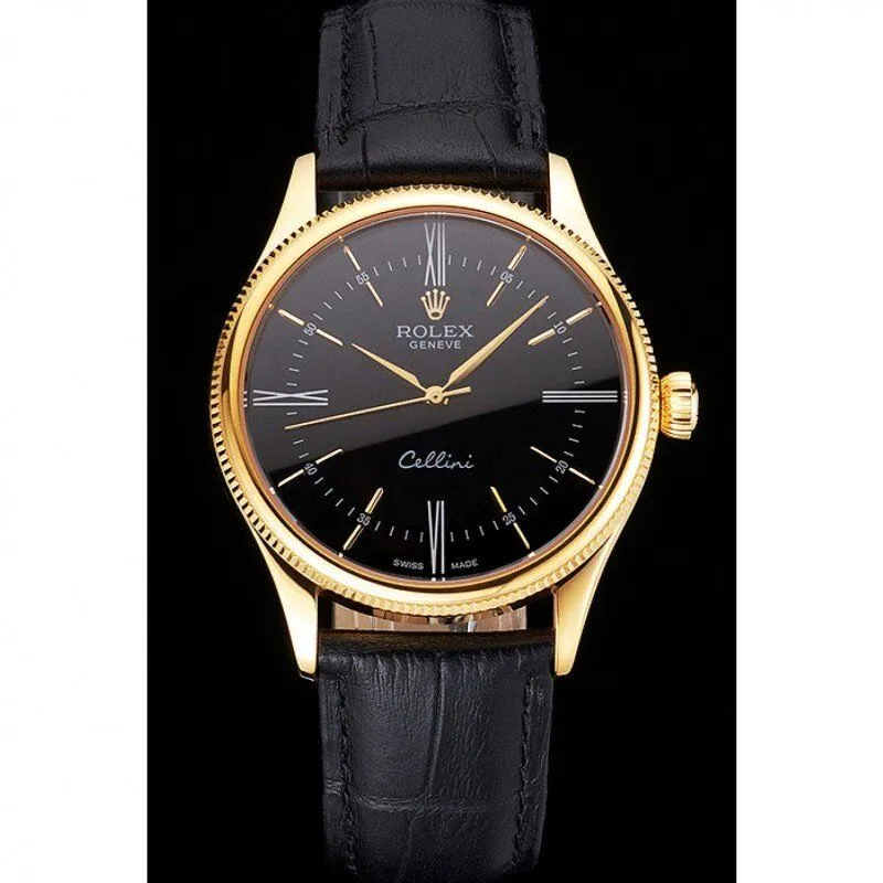 Swiss Rolex Cellini Black Dial Roman Numerals Gold Case Black Leather Strap