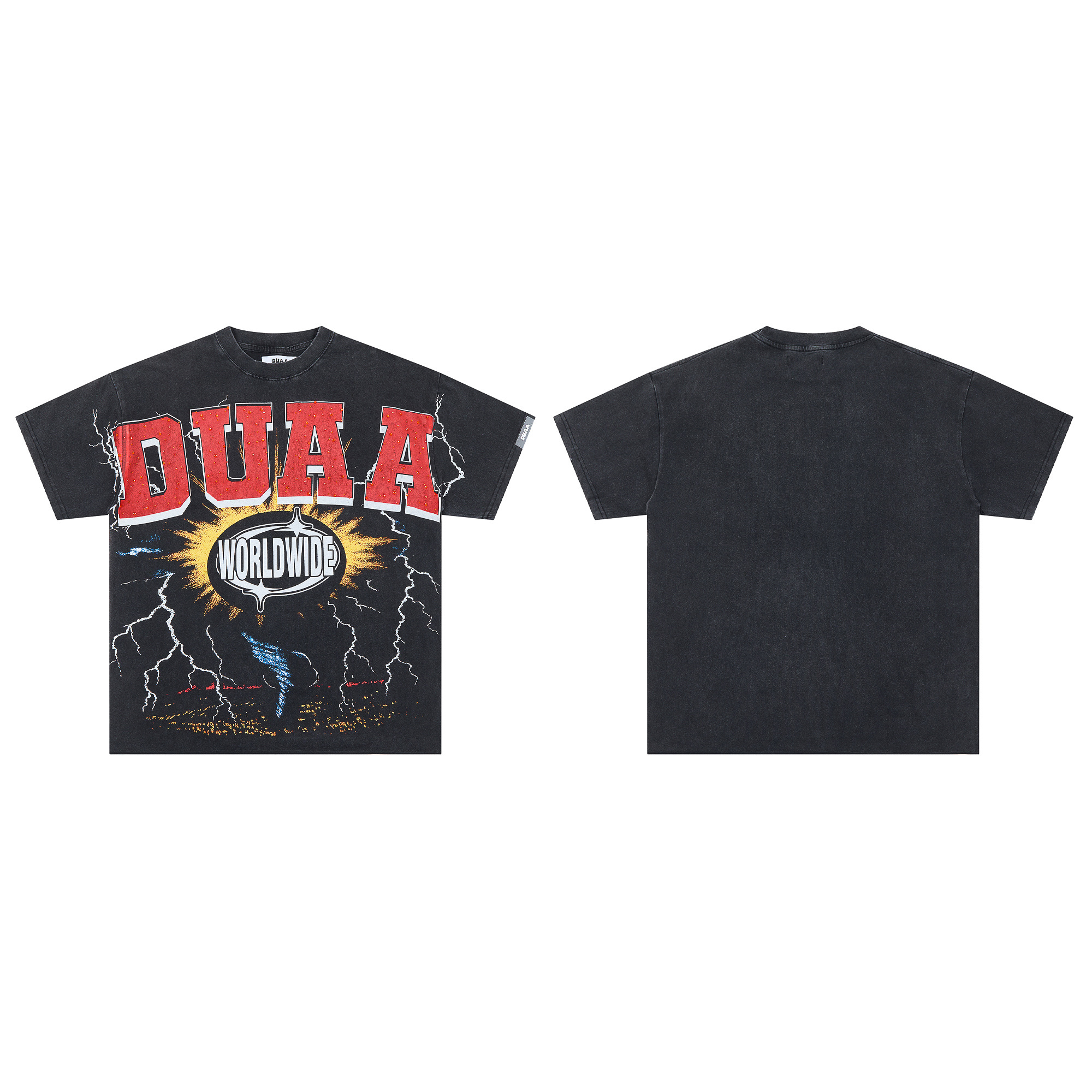 Loose-fitting short-sleeved shirt with red letter lightning print