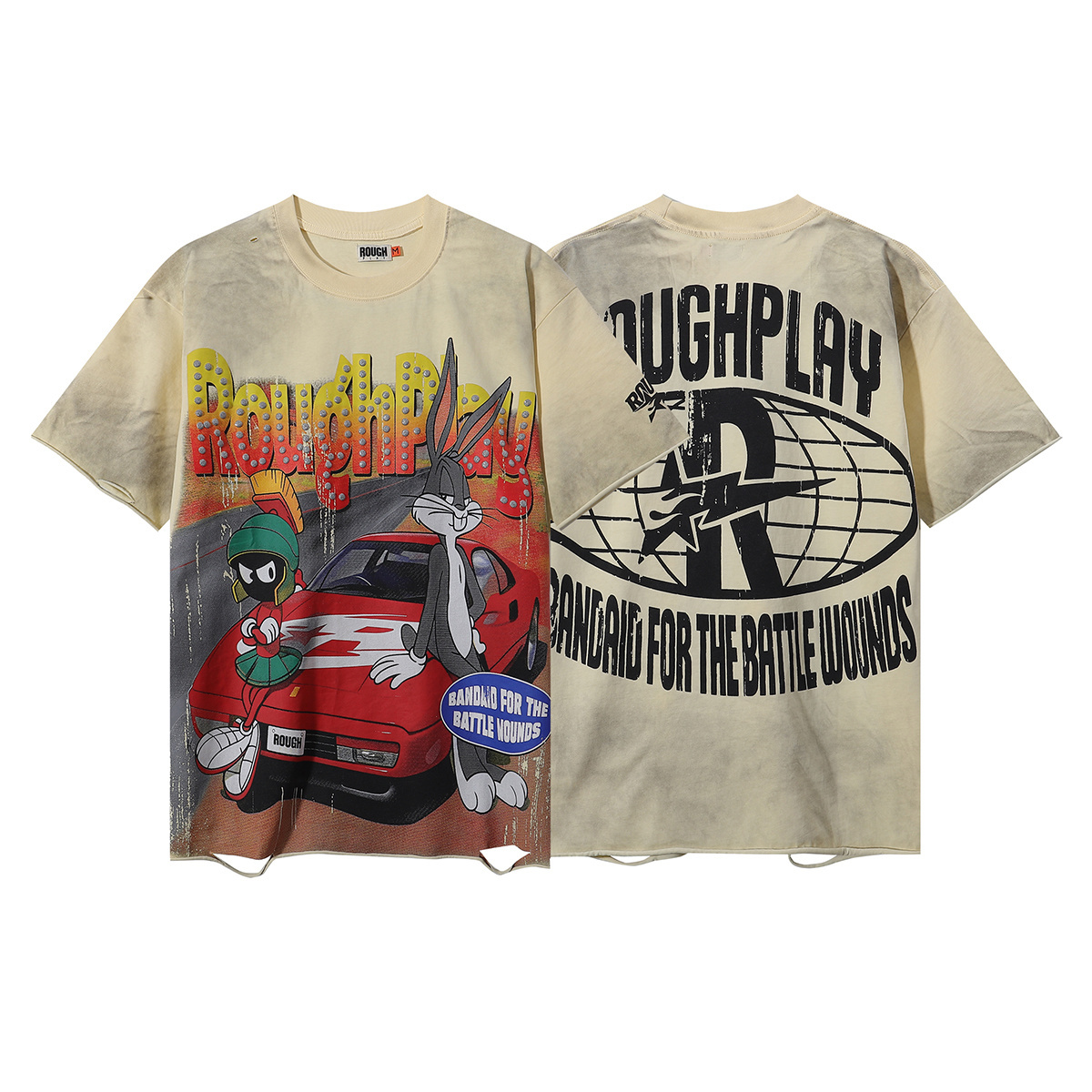 Rabbit car print, ripped mud print, washed and aged short-sleeved T-shirt
