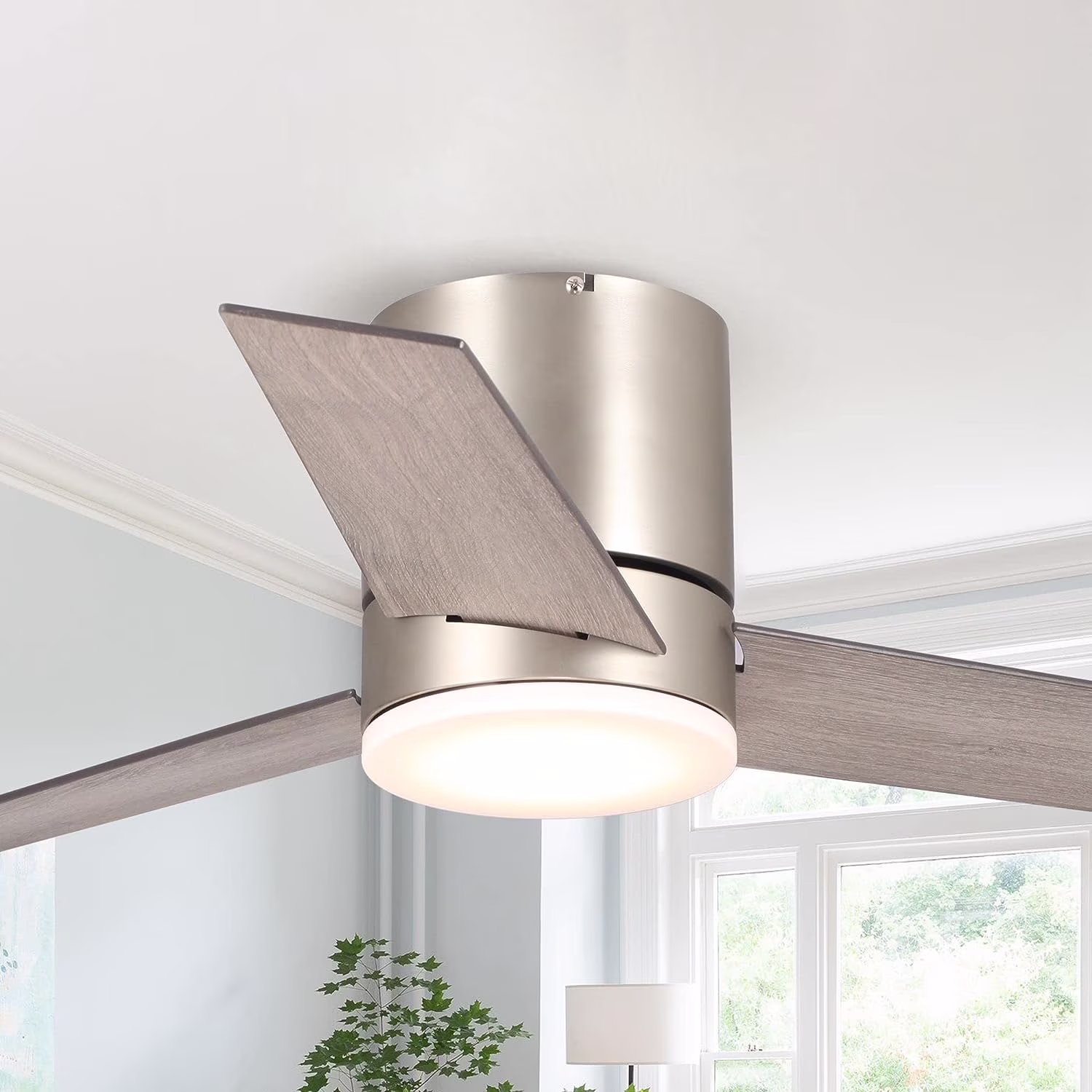 Low Profile Ceiling Fans with Lights and Remote, 48 Inch Bedroom Ceiling Fans Flush Mount, Indoor/Outdoor Fans for Patios, Reversible 3 Blades, Noiseless, Color Temp Adjusted, DOE ETL Tested (Nickel)