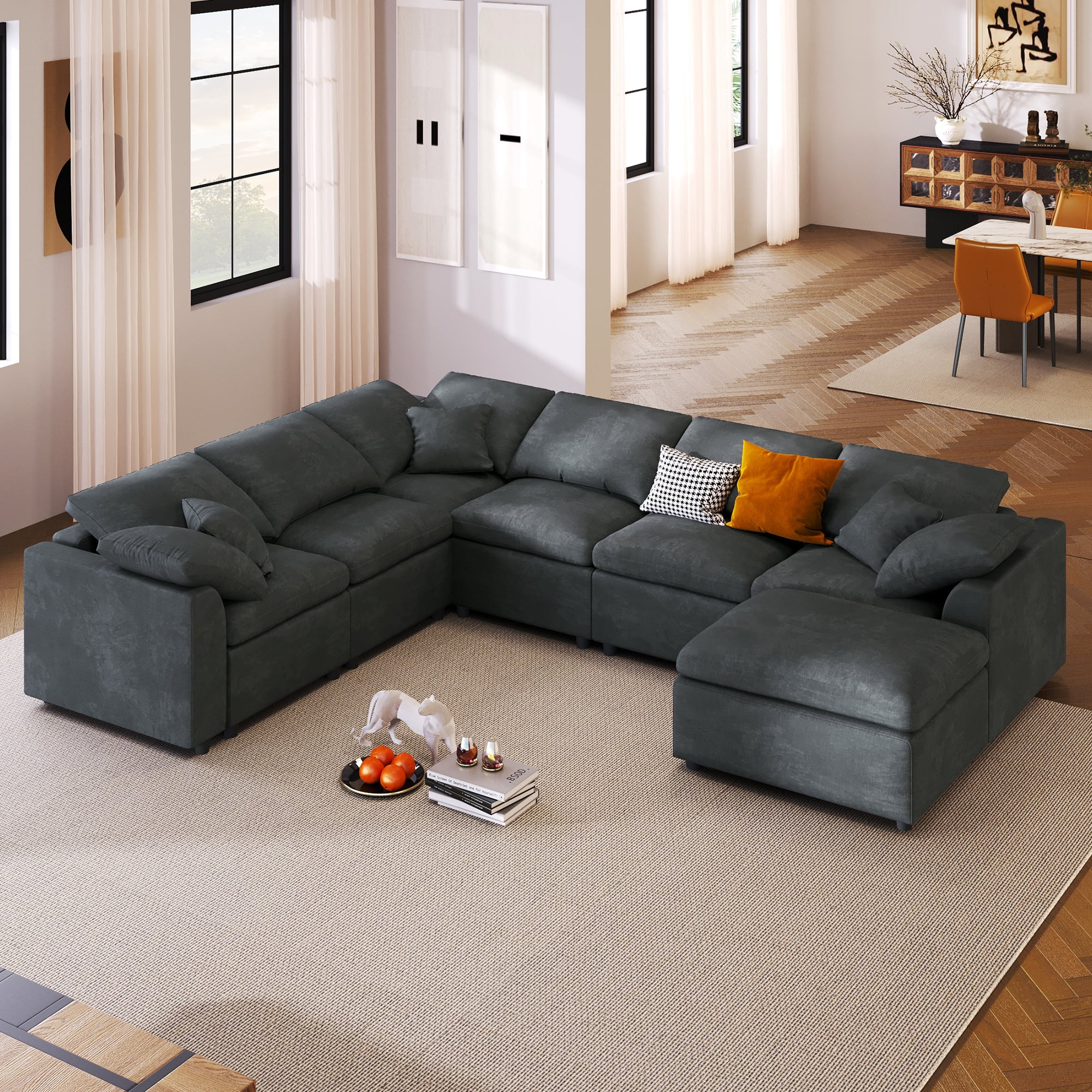 EUROCO 124.8" 7-Seater Oversized Modular Couches and Sofas Sectional with Ottoman,Sectional Sofa U/L Shaped Chenille Sectional Couch for Living Room, Office, Spacious Space