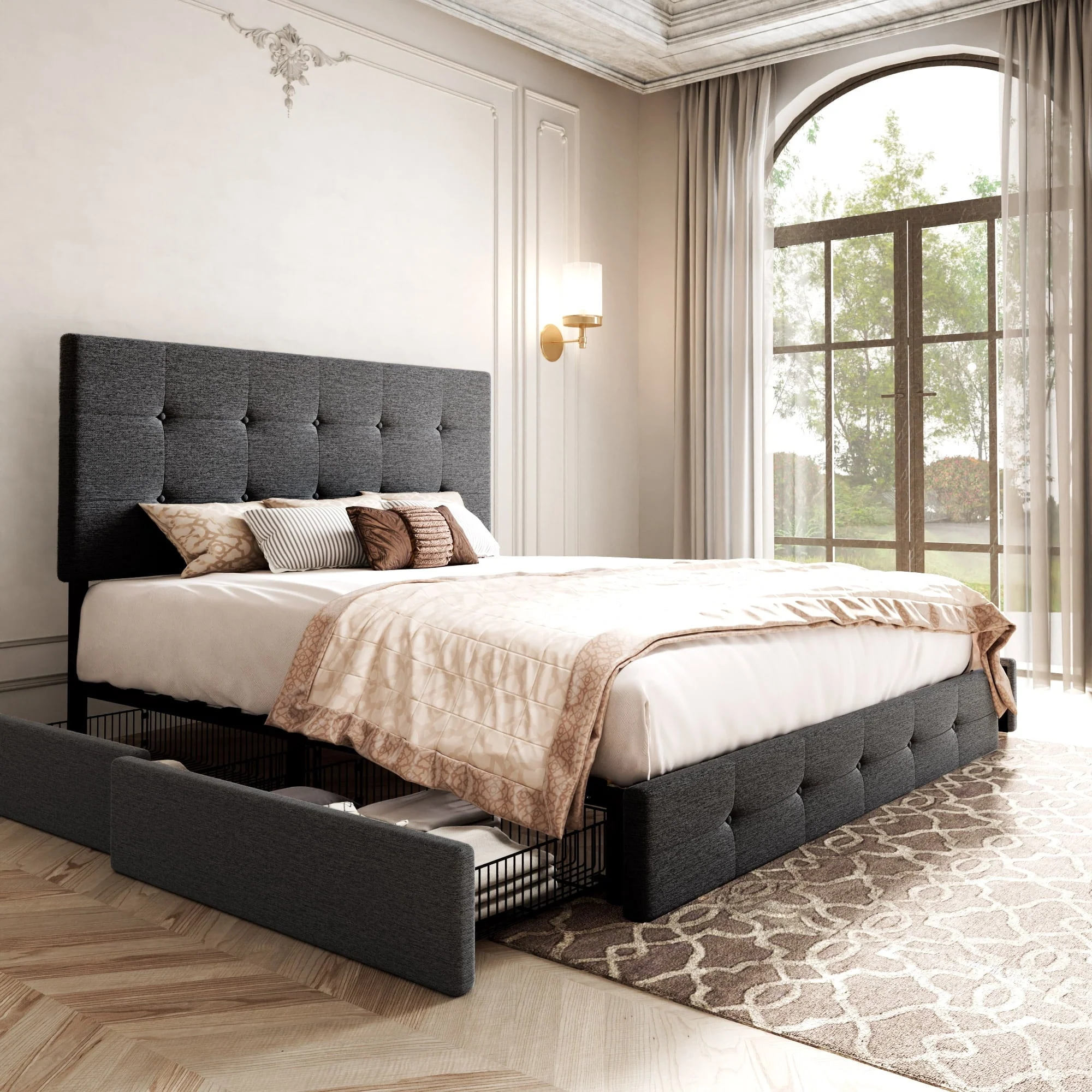 Allewie Light Grey Queen Platform Bed Frame with 4 Drawers Storage and Square Stitched Button Tufted Upholstered Headboard