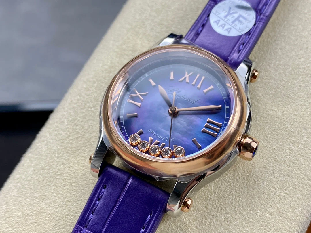 Chopard Watch Happy Diamonds 30mm Pink Gold Blue Dial