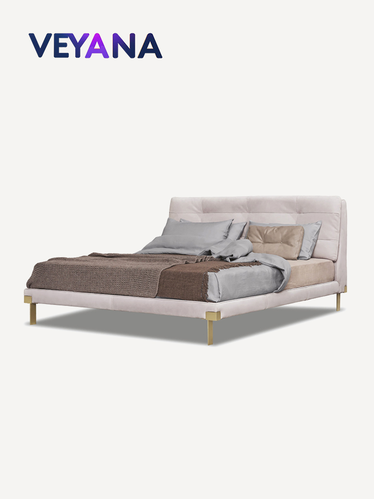 Italian minimalism, creamy style, leather soft pack bed, modern light luxury master bedroom double bed