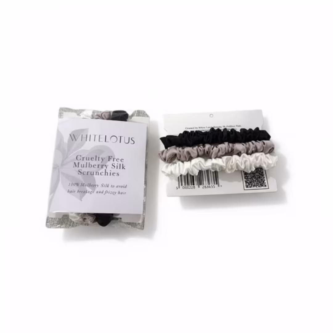 White Lotus Beauty  Cruelty Free Mulberry Silk Scrunchies 3-Pack