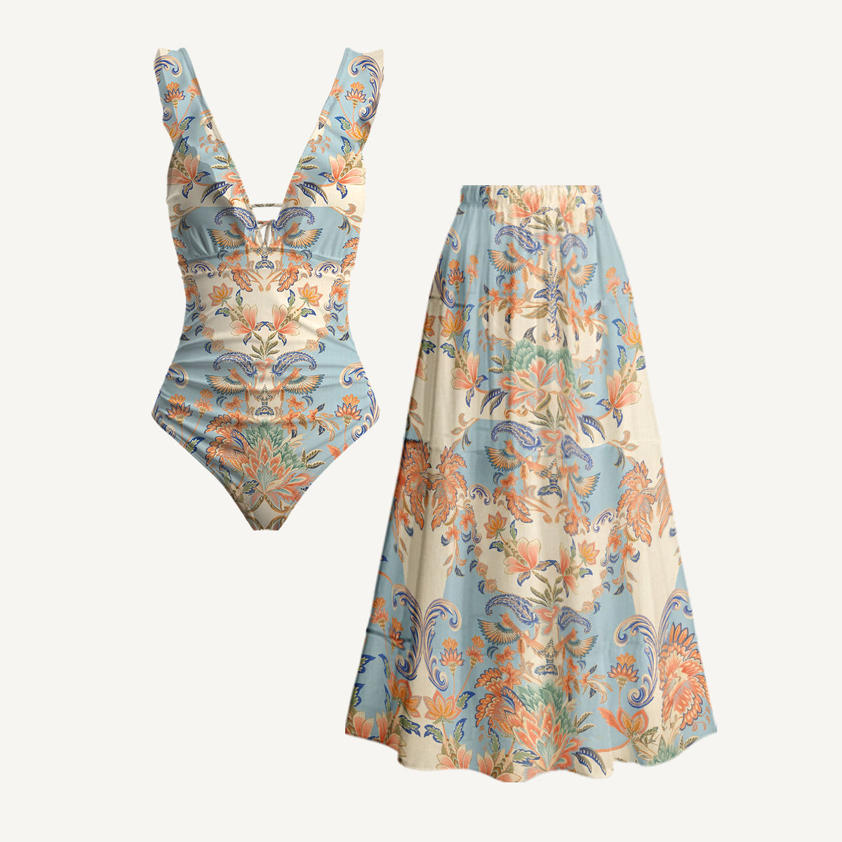 Azure Lily Palace Ruffled V Neck One Piece Swimsuit and Matching Midi Skirt Set