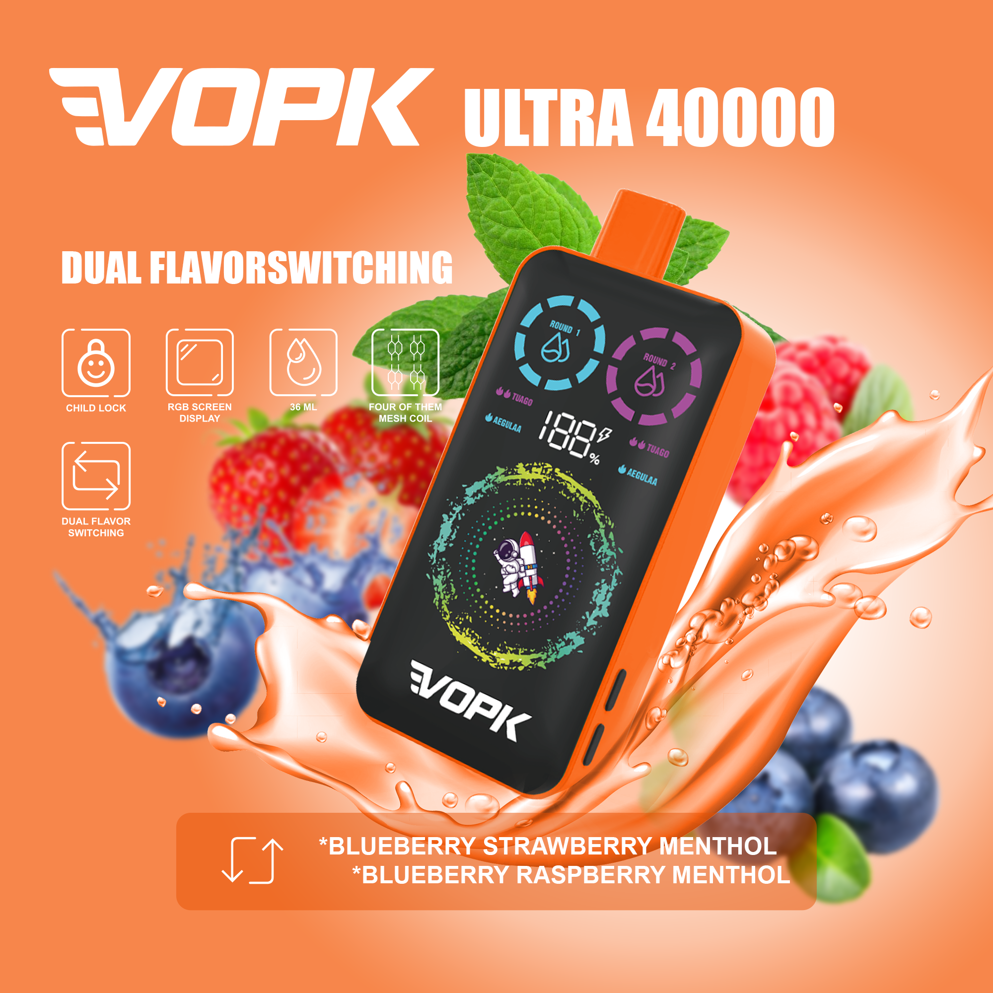 VOPK 40K PUFFS-BLUEBERRY RASPBERRY MENTHOL&BLUEBERRY STRAWBERRY MENTHOL