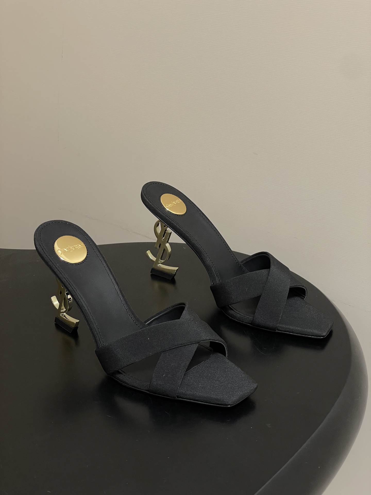 YSL Opyum 85 YSL Logo Satin & Leopard Print Square Toe Crisscross Cassandre Heel Mule Sandals