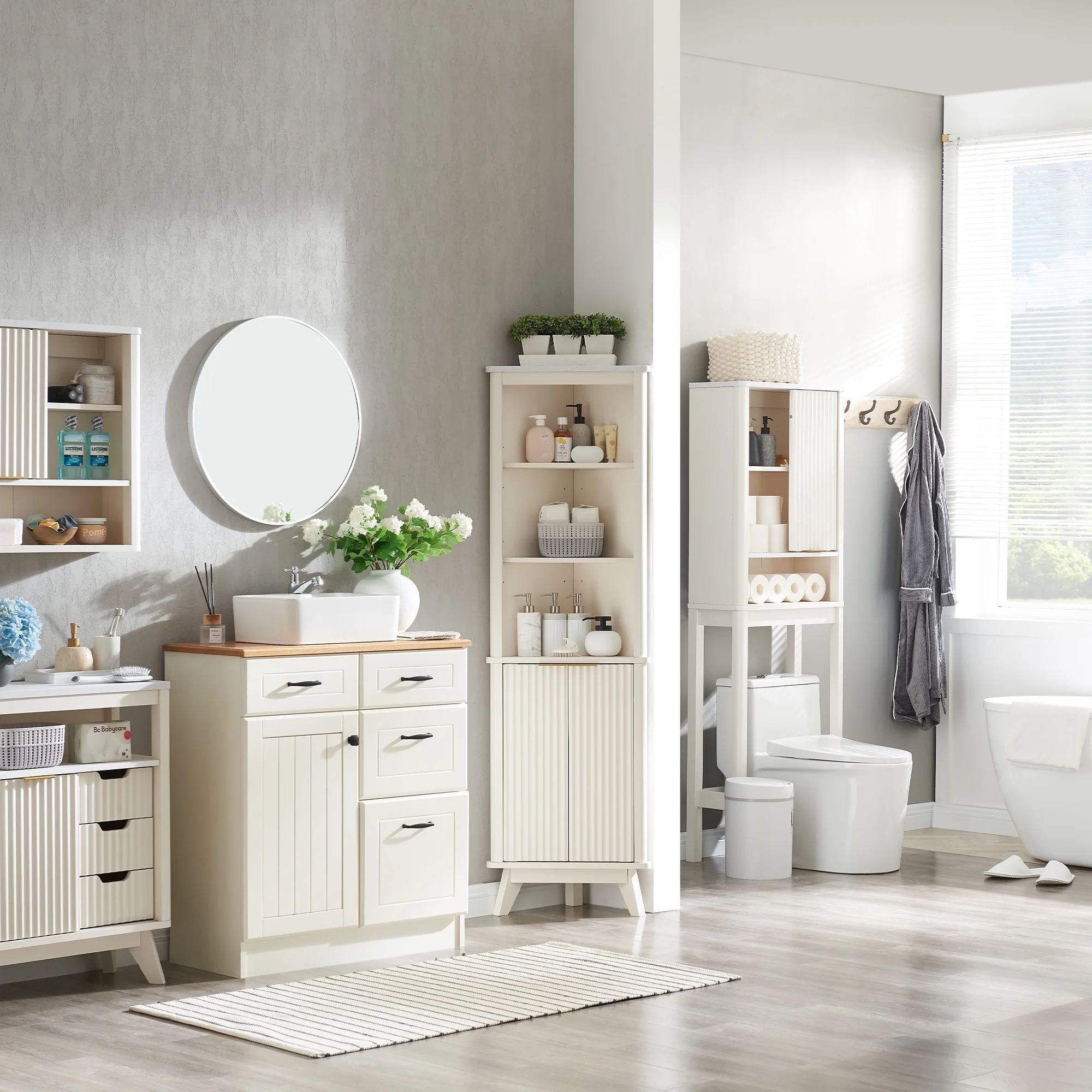 OKD 68" Tall Corner Storage Cabinet with Faux Marble Top and Adjustable Shelves Modern Pantry Curved Profile Bookshelf for Bathroom Kitchen Living Room Dining Room, Off White