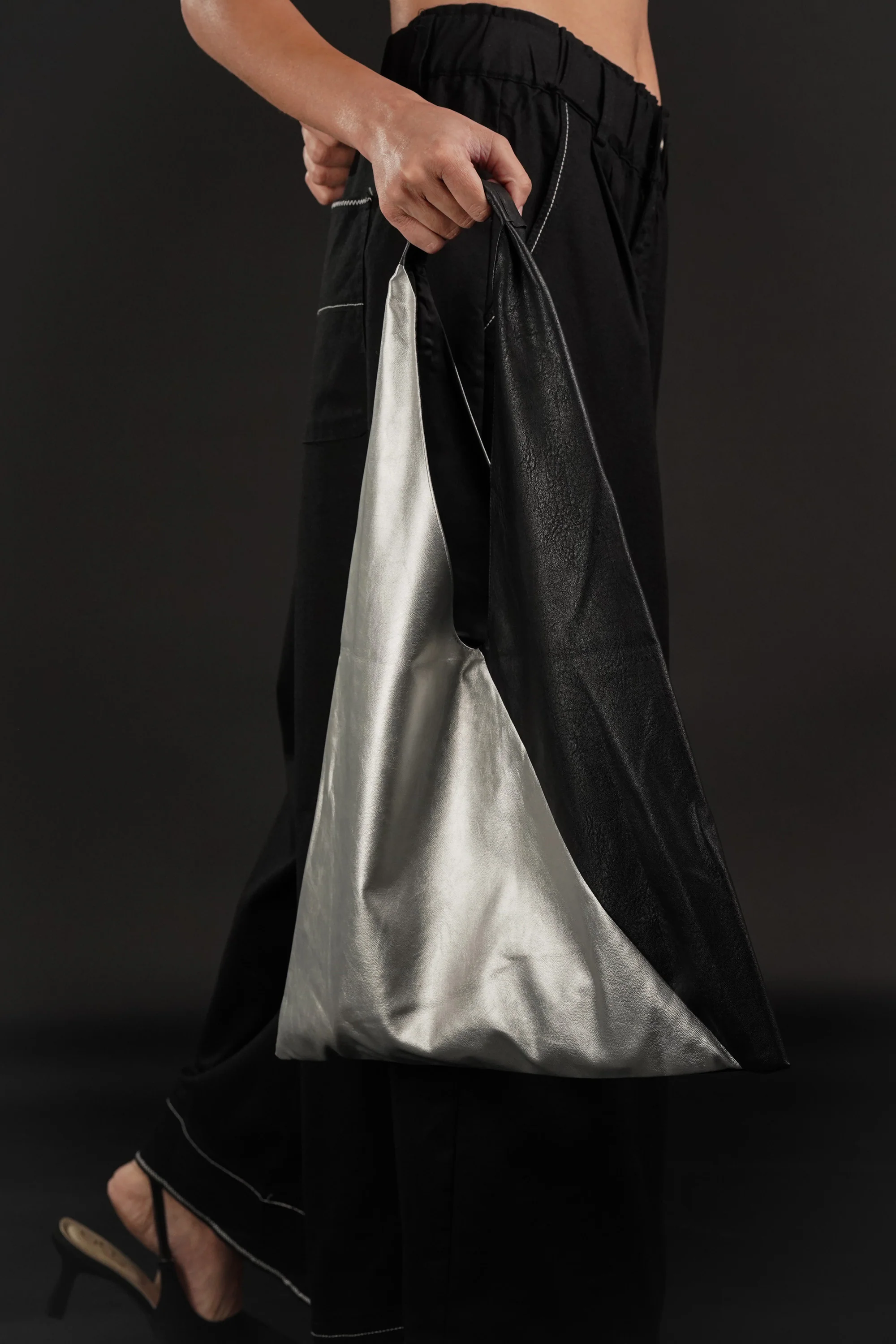 Black And Silver Leather Bindle Bag