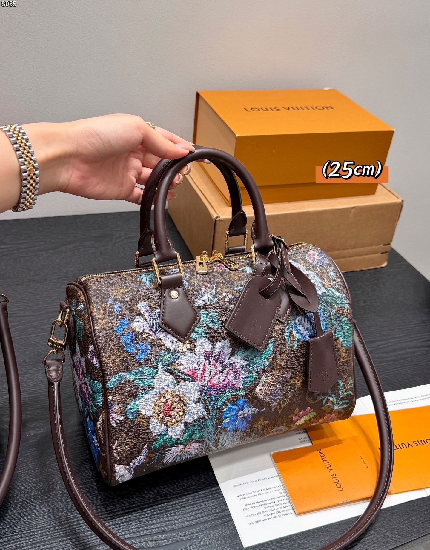LV Speedy 25/30 Brown Monogram Tapestry Floral Multicolor Boston Top Handle Bag