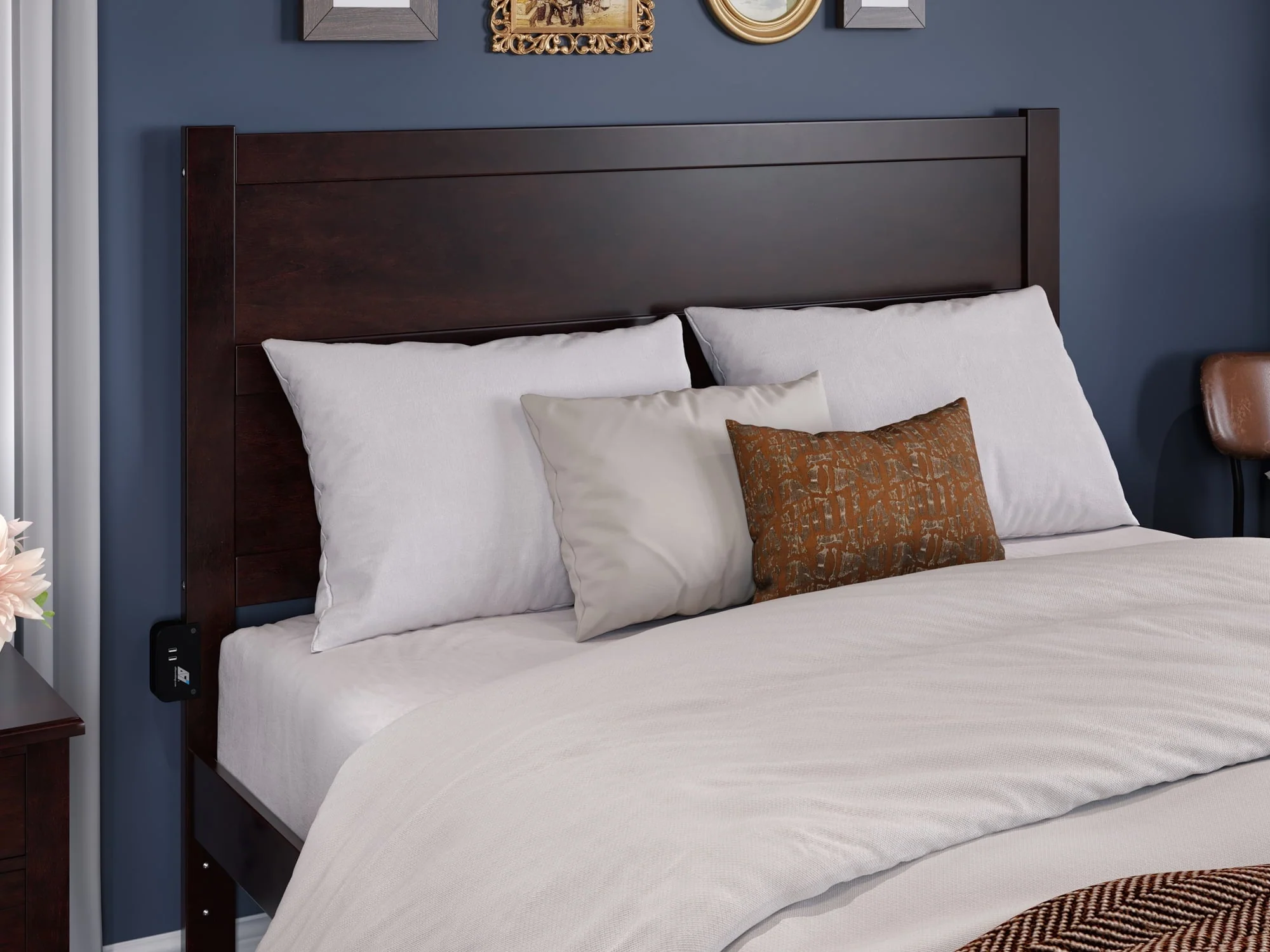 AFI NoHo Modern Panel Wood Headboard with 2 USB Ports, Queen, Espresso