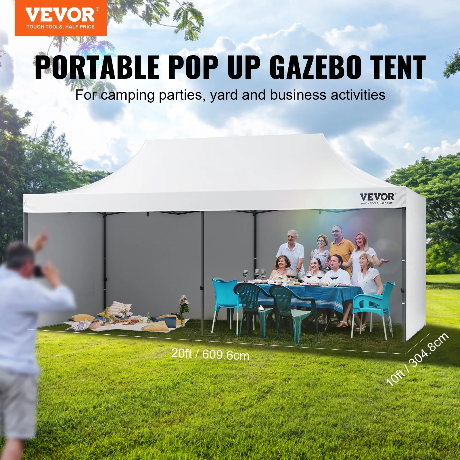 VEVOR 10x20 FT Pop up Canopy with Removable Sidewalls, Instant Canopies Portable Gazebo & Wheeled Bag,UV Resistant Waterproof, Enclosed Canopy Tent for Outdoor Events, Patio, Backyard, Party,Parking