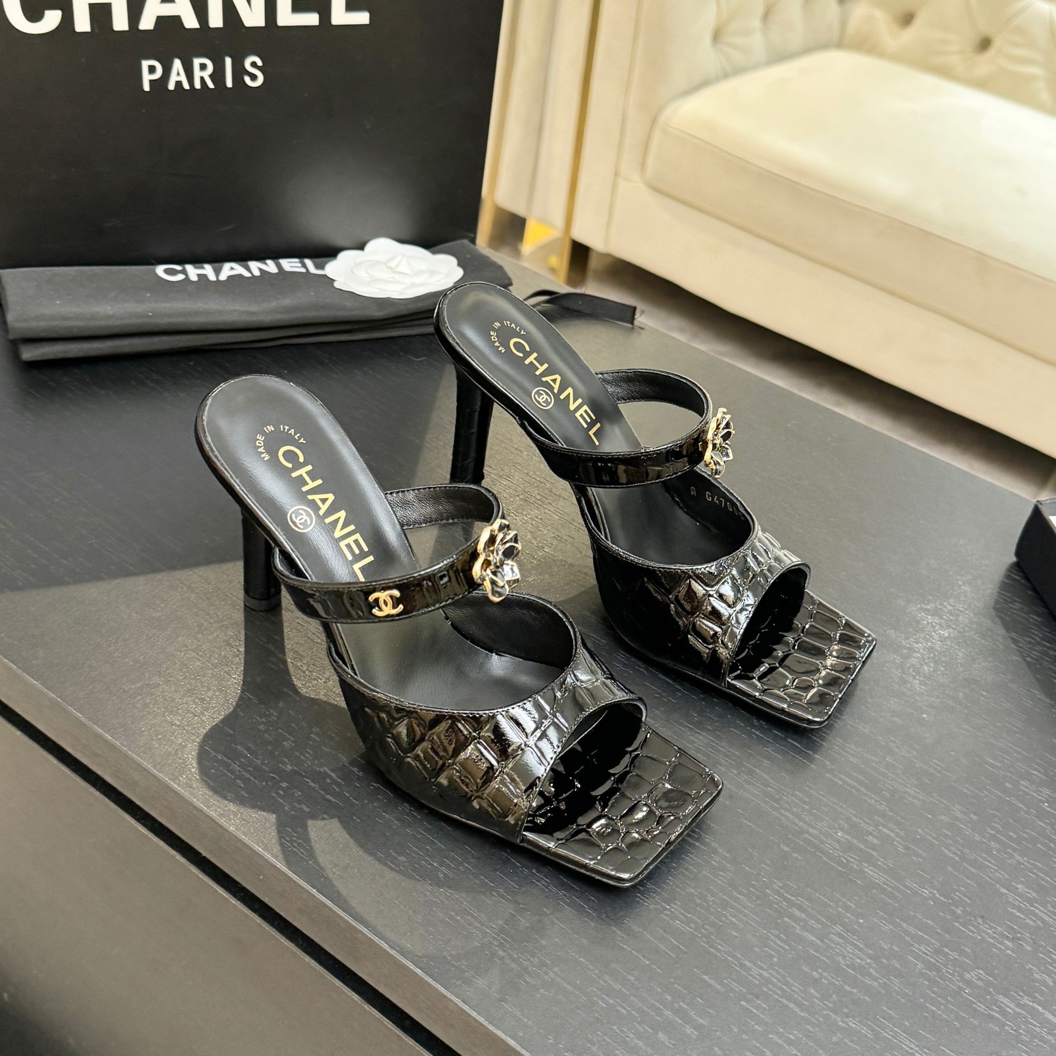 Chanel 26K Black Camellia Buckle Croc-Embossed Leather Square Toe Sandals Mules Heels