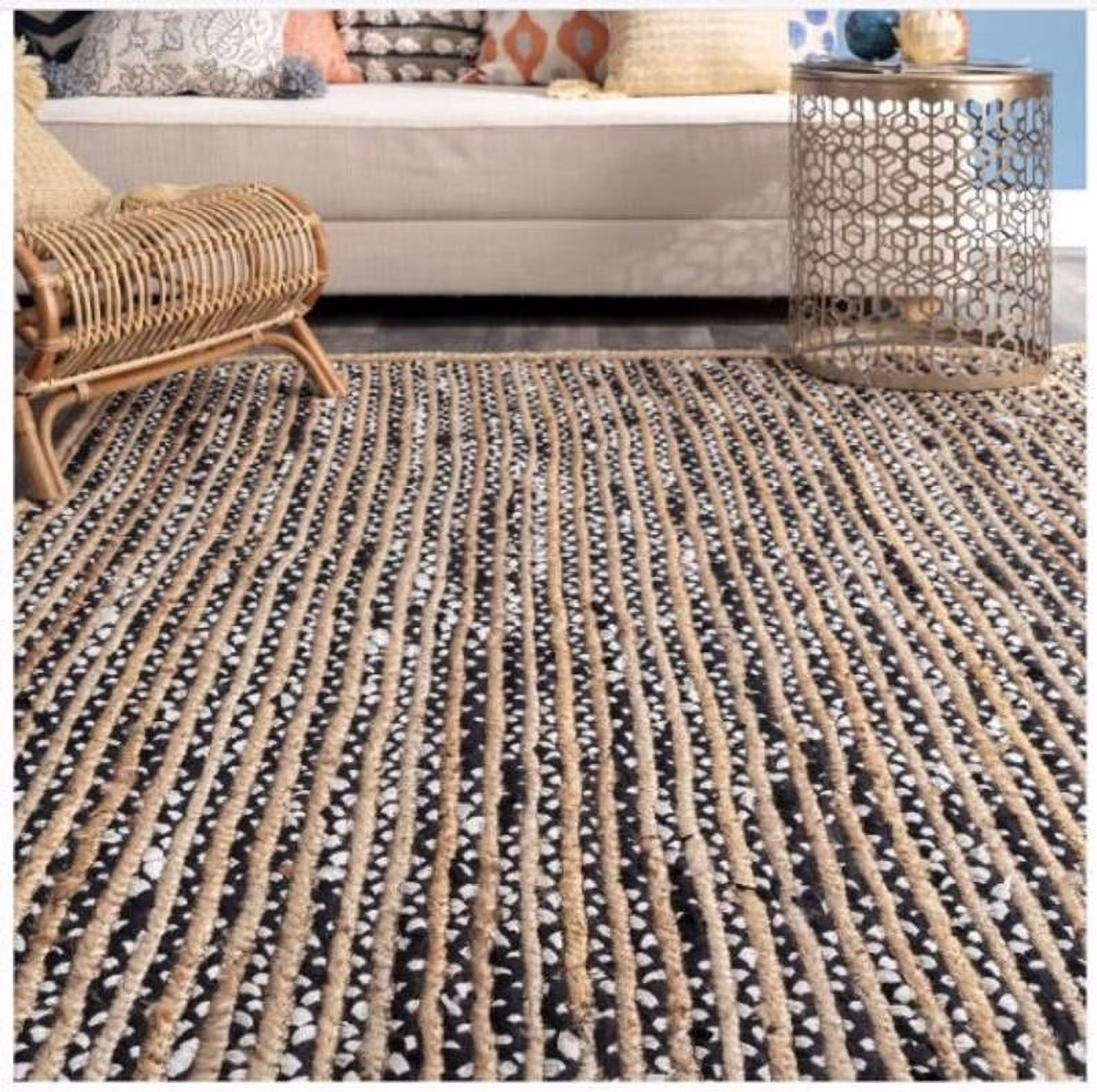 Indian Handmade Braided Black & White Cotton with Natural Jute Area Rugs , Floor Decor Carpet Size 2.6 x 4 Feet ( 75 cm x 120 cm )
