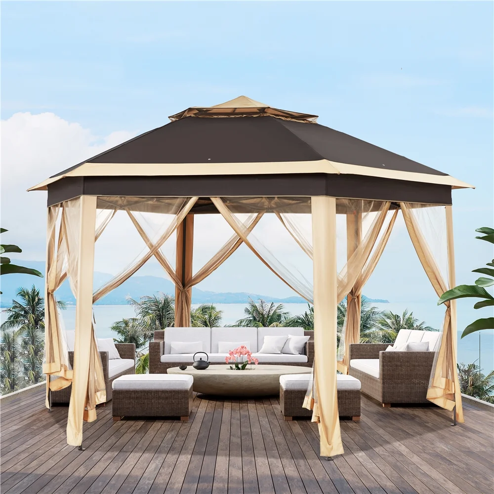 Alden design Hexagonal Gazebo Pop Up Canopy with Metal Frame Mesh Netting for Outdoor, Khaki/Brown