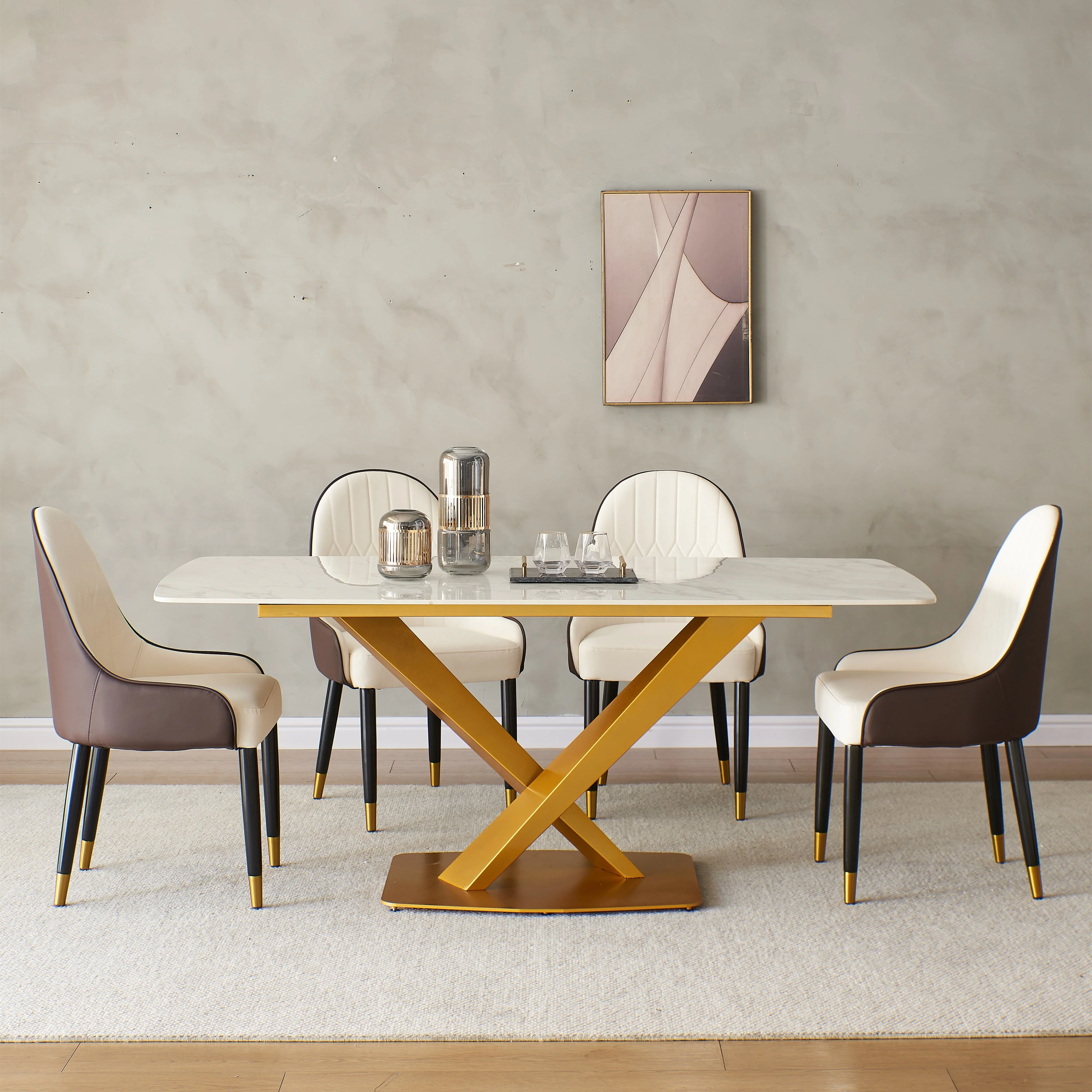 Leavader 63" White Stone Dining Table Set with 4 Chairs
