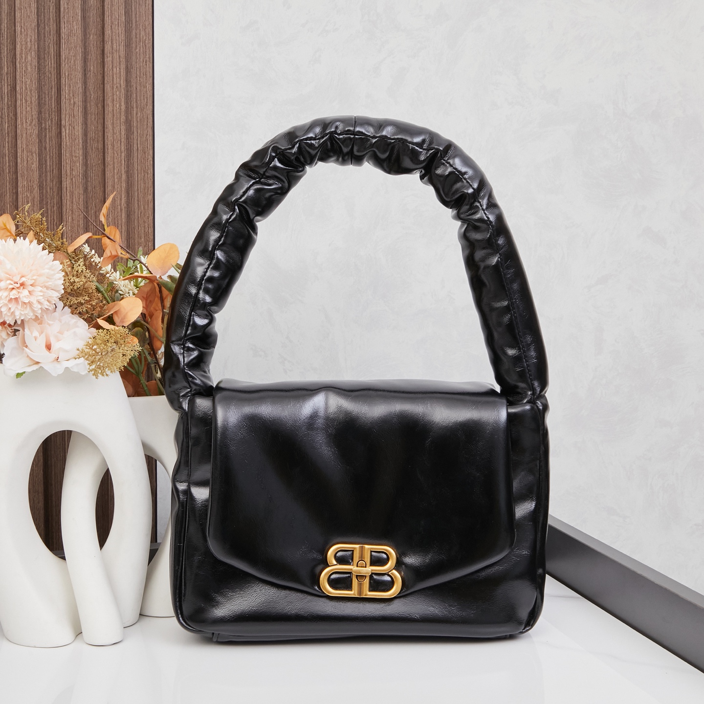 Balenciaga Monaco Black Padded Slouchy Leather BB Logo Puffy Handle Shoulder Tote Bags