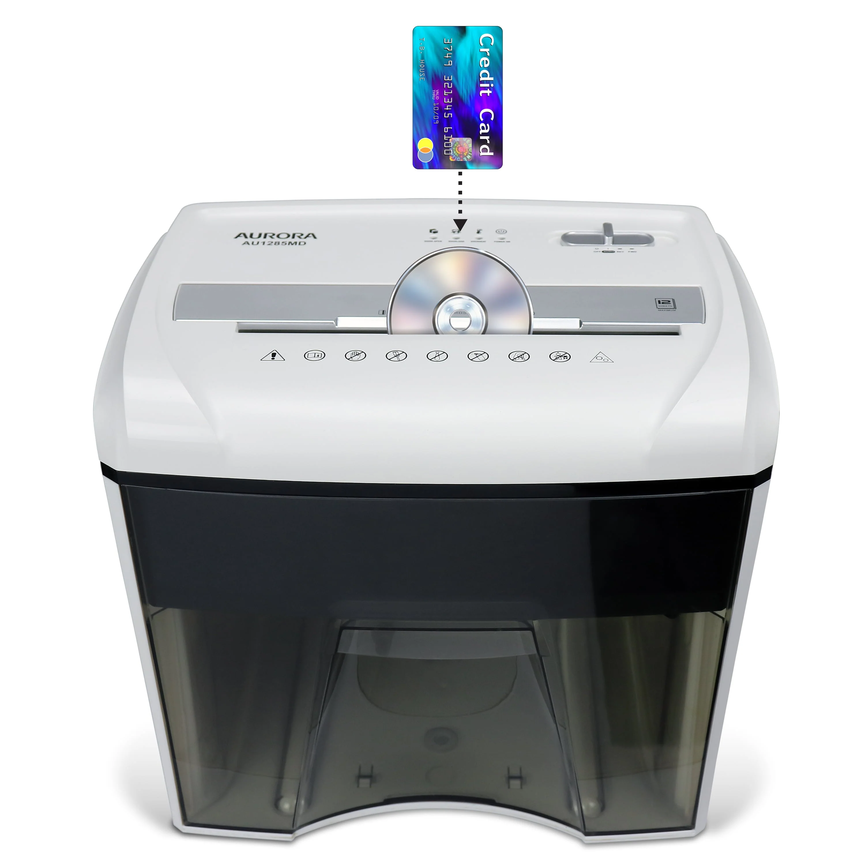 Aurora AU1285MD Compact Desktop-Style High Security 12-Sheet Micro-Cut Paper and CD/Credit Card/Junk Mail Pullout Basket Shredder, White/Black