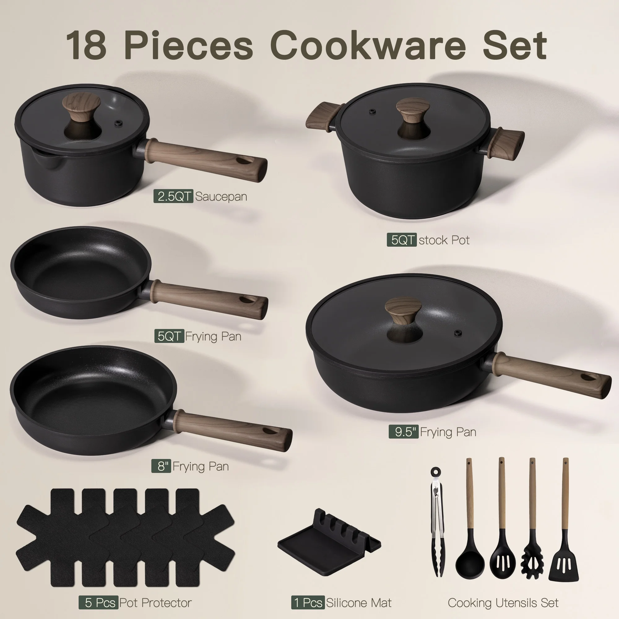Astercook 18-Piece Pots and Pans Set, Nonstick Cookware Set with Elegant Wooden Handle, Oven Safe to 480F, Induction Compatible, Kitchen Cooking Set for RV Trips, Camping and Picnic, Black