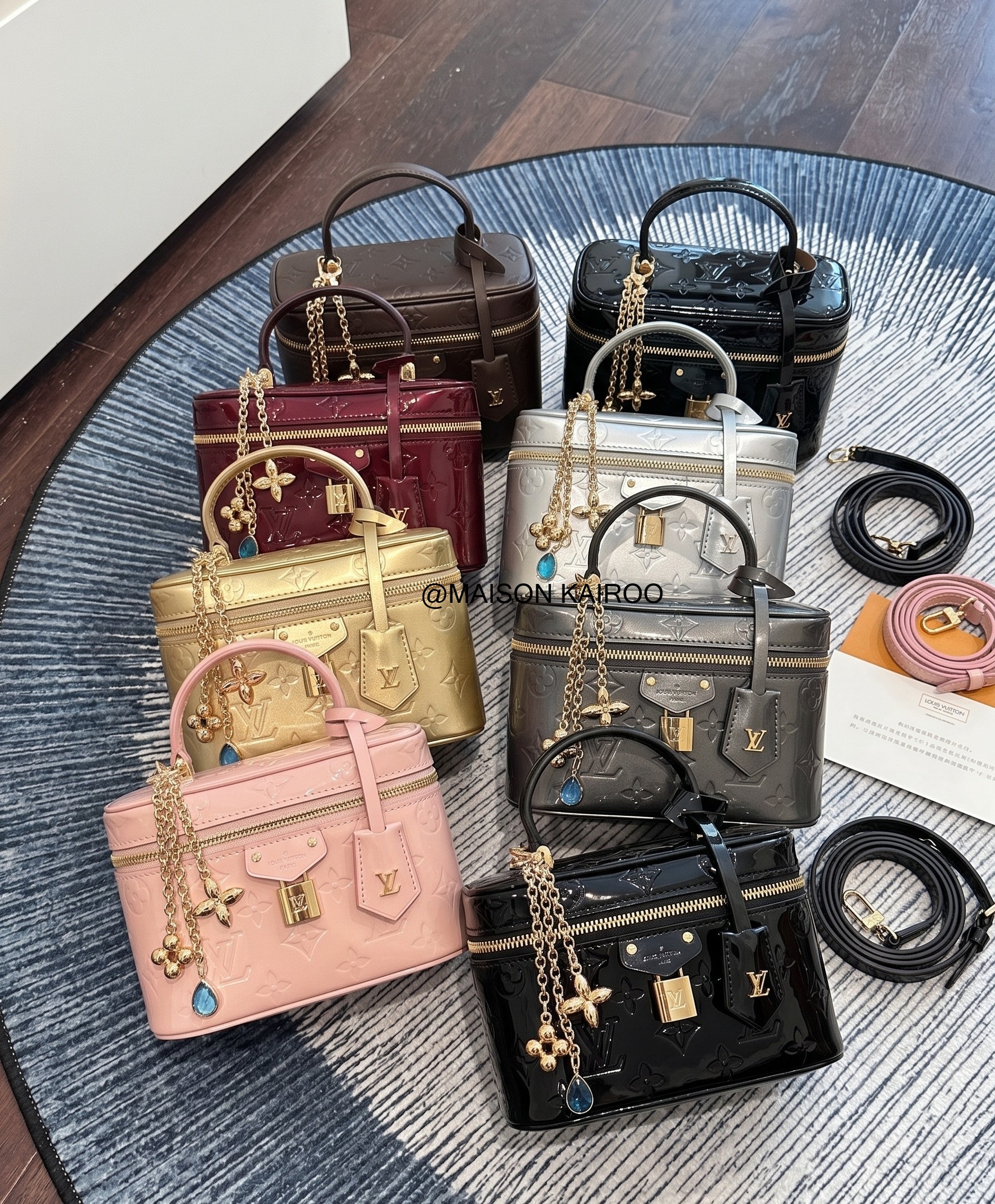 LV Mini Nice Vanity Case Embossed Patent Leather Lock Gem Logo Charm Crossbody Top Handle Bag