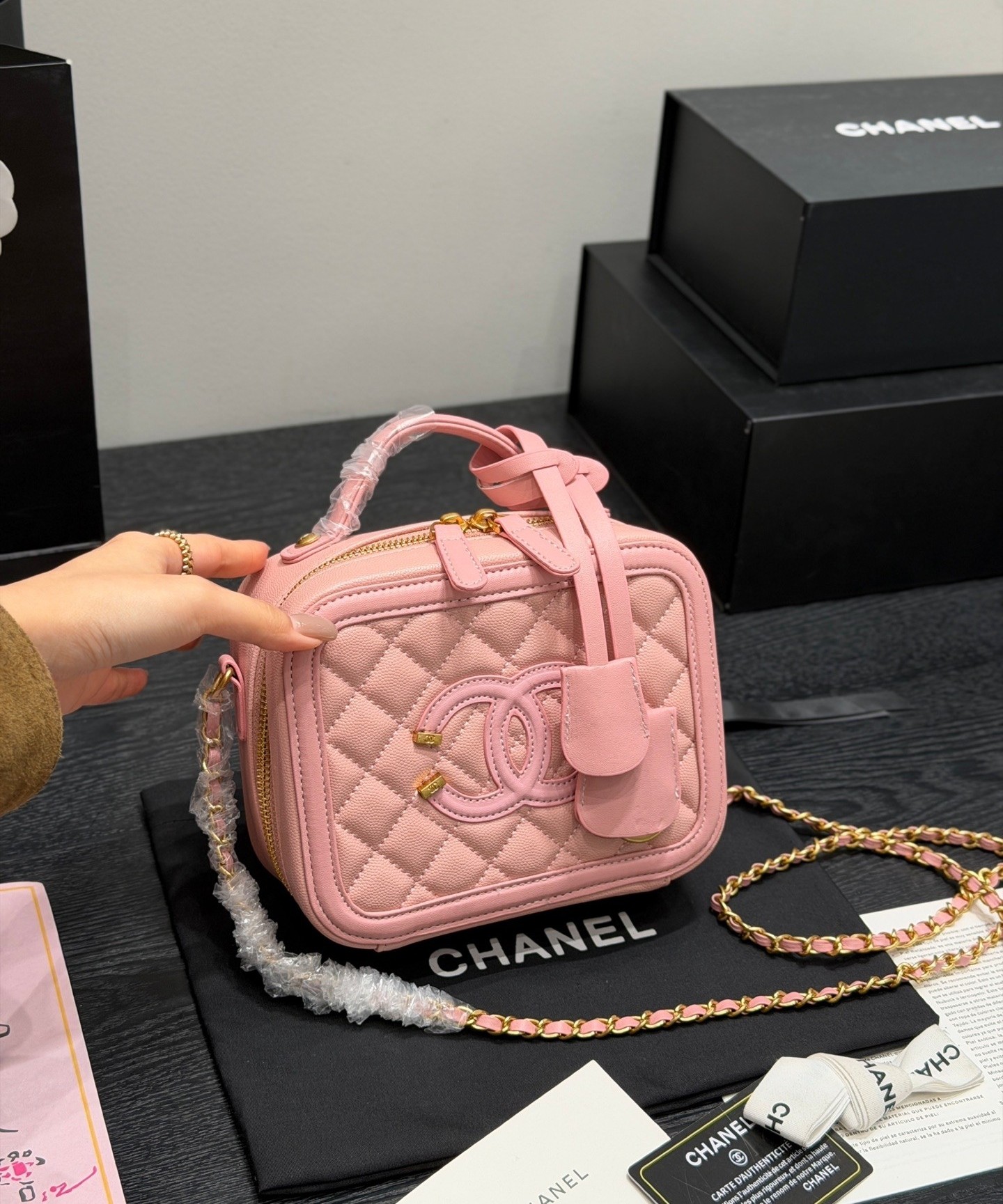 Chanel Small Square Vanity Case Quilted Caviar Leather CC Logo Filigree Top Handle Crossbody Bag