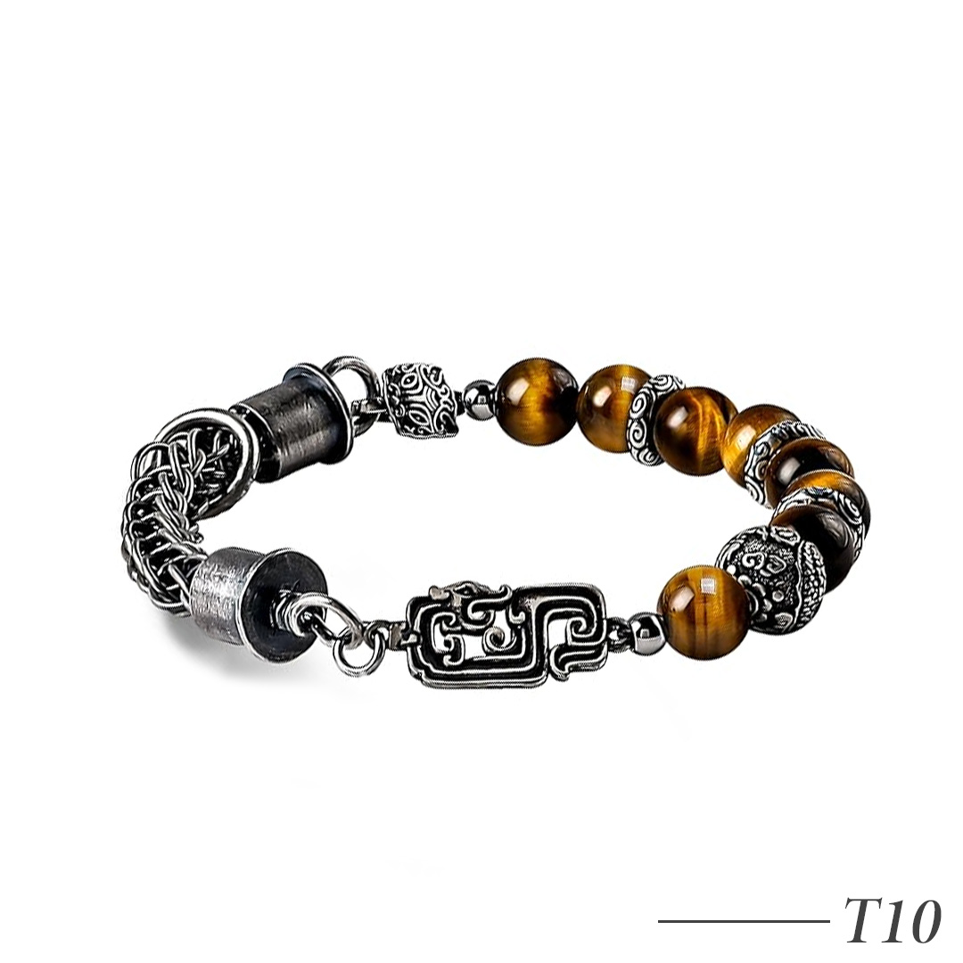 T10-Men's Natural Tiger Eye Beaded Bracelet with Sterling Silver Vintage Spacer 8mm Adjustable Bracelet