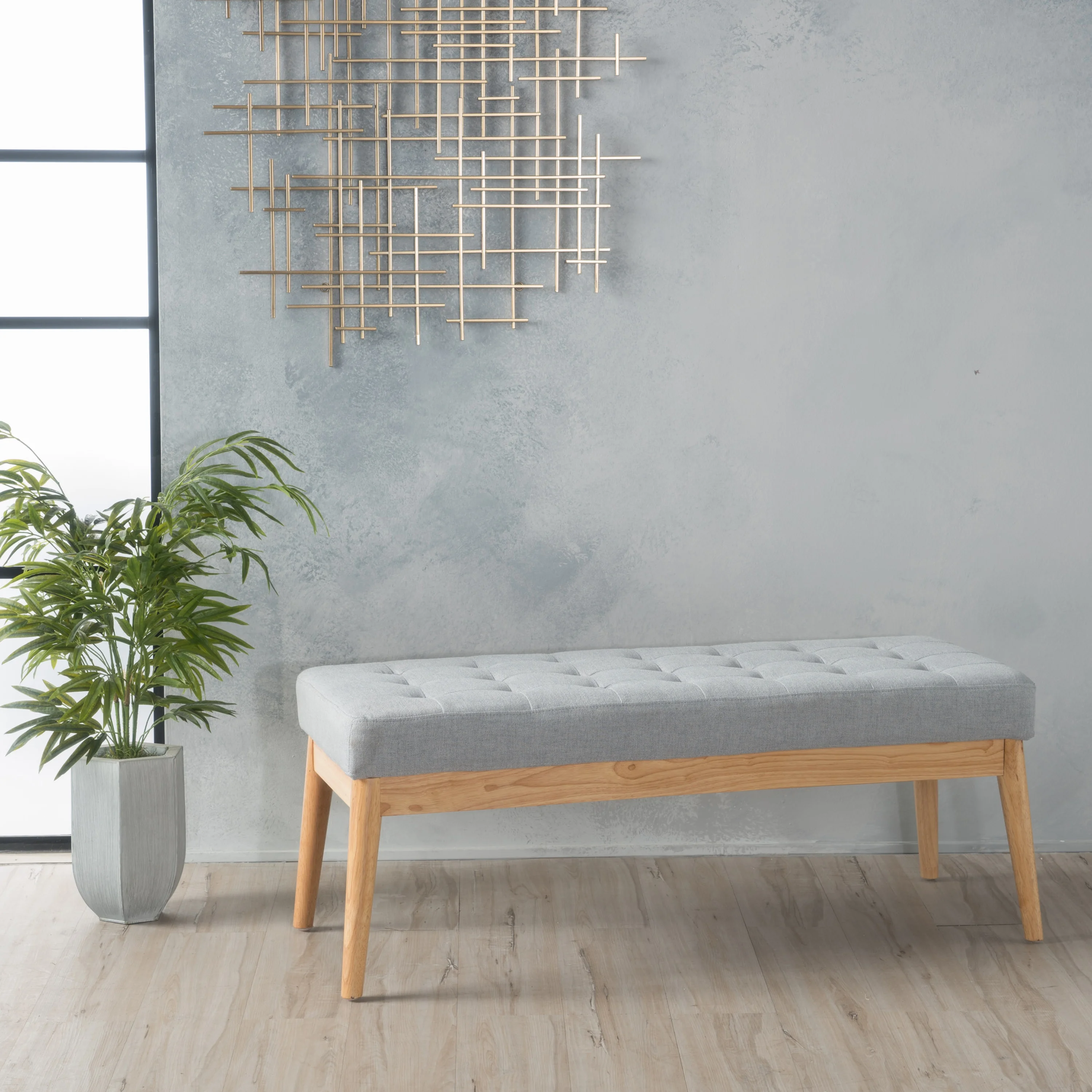 44.75" Mid-Century Tufted Bench C Solid Birch Legs C Plush Polyester Blend C 17" Height C 19.62 lbs