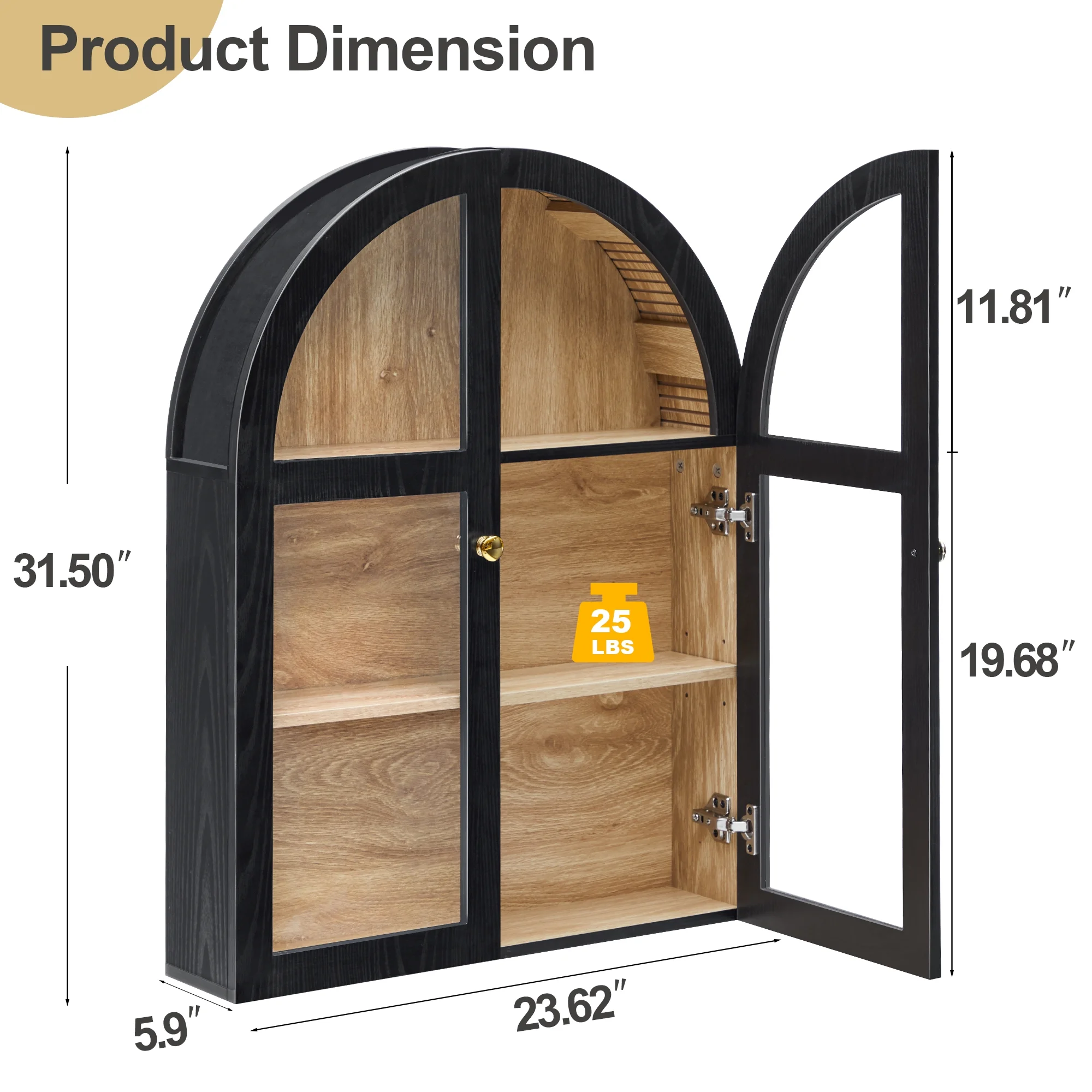 LEFHDA Arched Wall Cabinet with Glass Door, Black Open Storage Cabinet, Hanging Bathroom Shelf, Modern Wall Bathroom Cabinet with Adjustable Shelf Gold Metal Handles