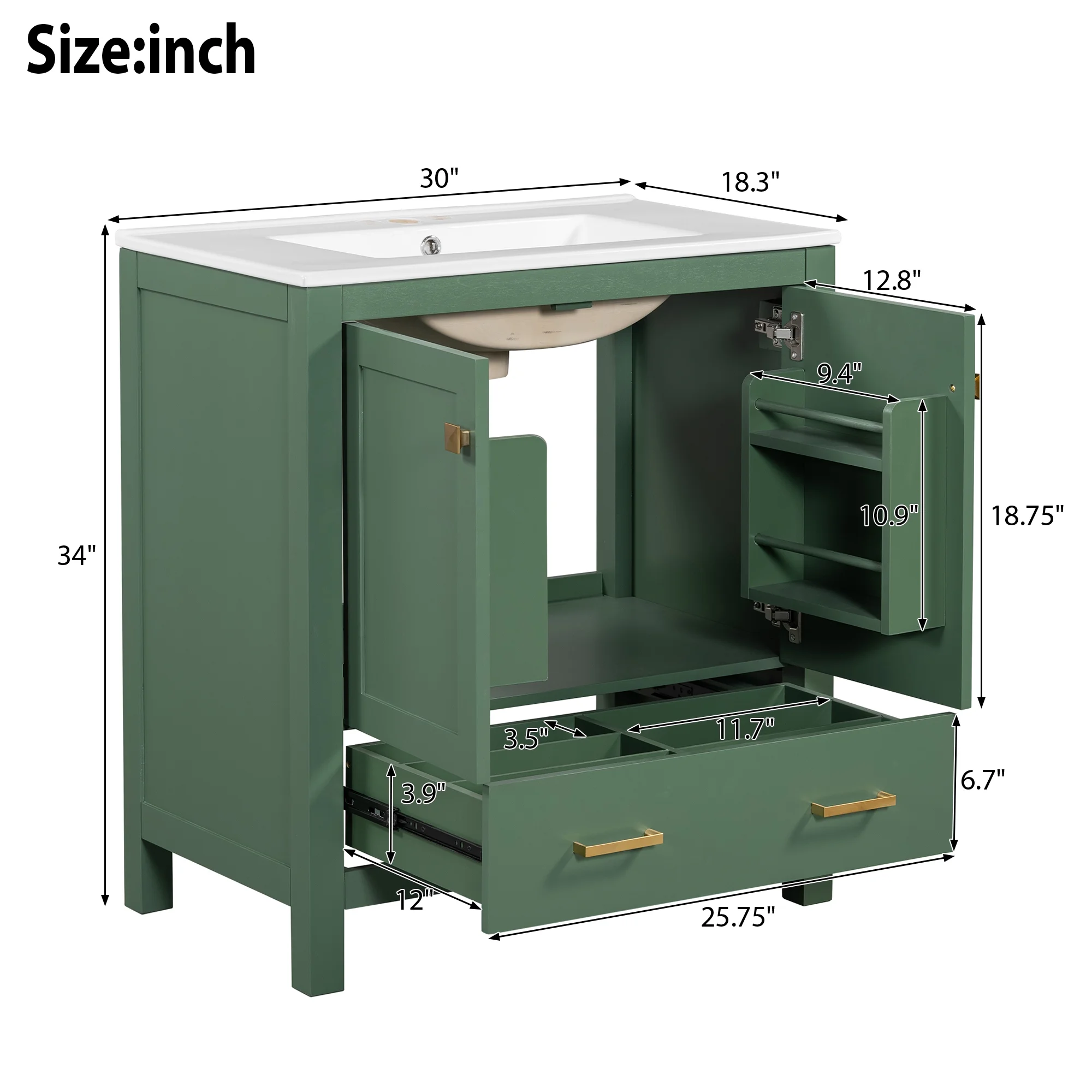 Harper & Bright Designs 30" Bathroom Vanity with Sink Combo, Bathroom Cabinet with Ceramic Top, Multifunctional Storage Doors and Drawer, Green
