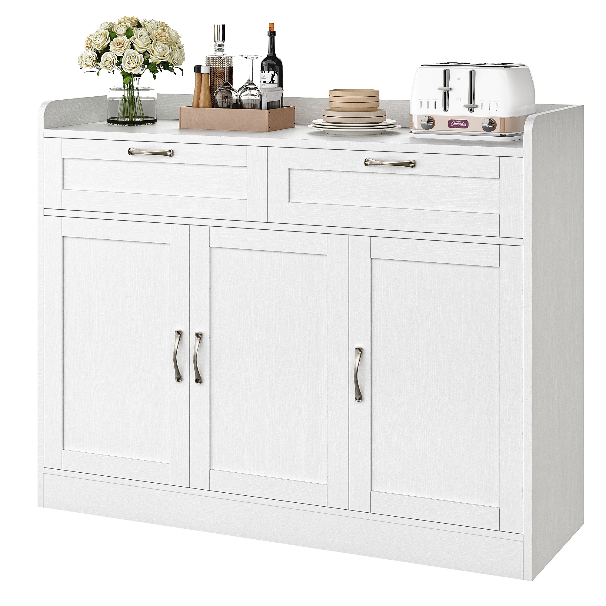 Homfa 47.2" Kitchen Sideboard Buffet Cabinet with 2 Drawer, 3 Door Wooden Storage Cabinet with Adjustable Shelf for Dining Room, White