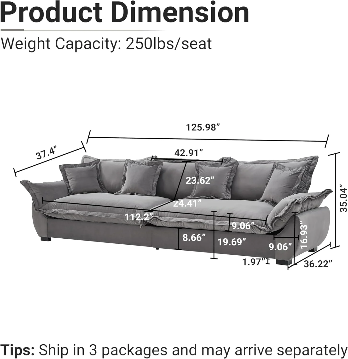 125.98 Inch Sailing Design Modular Sectional Cloud Sofa with Storage, Modern Deep Seat Couch w/Throw Pillows & Removable Backrest for Living Room Bedroom Apartment,Grey