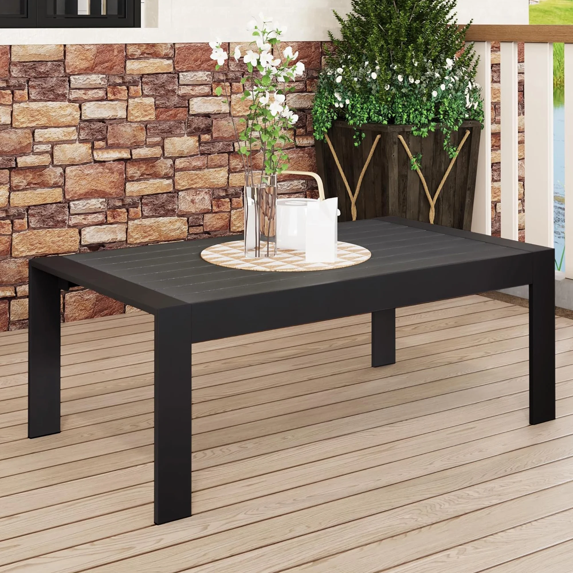 CozyHom Modern Outdoor Patio Aluminum Black Coffee Table, All Weather Metal Outdoor Rectangle Coffee Table Long Table, Black