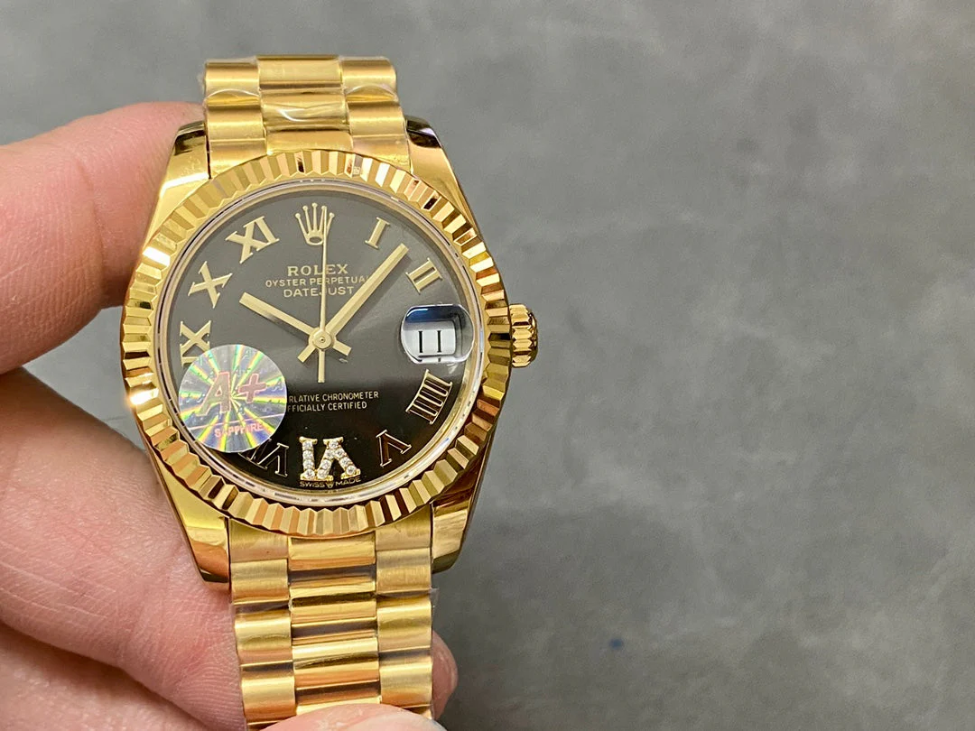 Rolex Watch DATEJUST 31MM GOLD DIAMOND NUMERALS BLACK DIAL