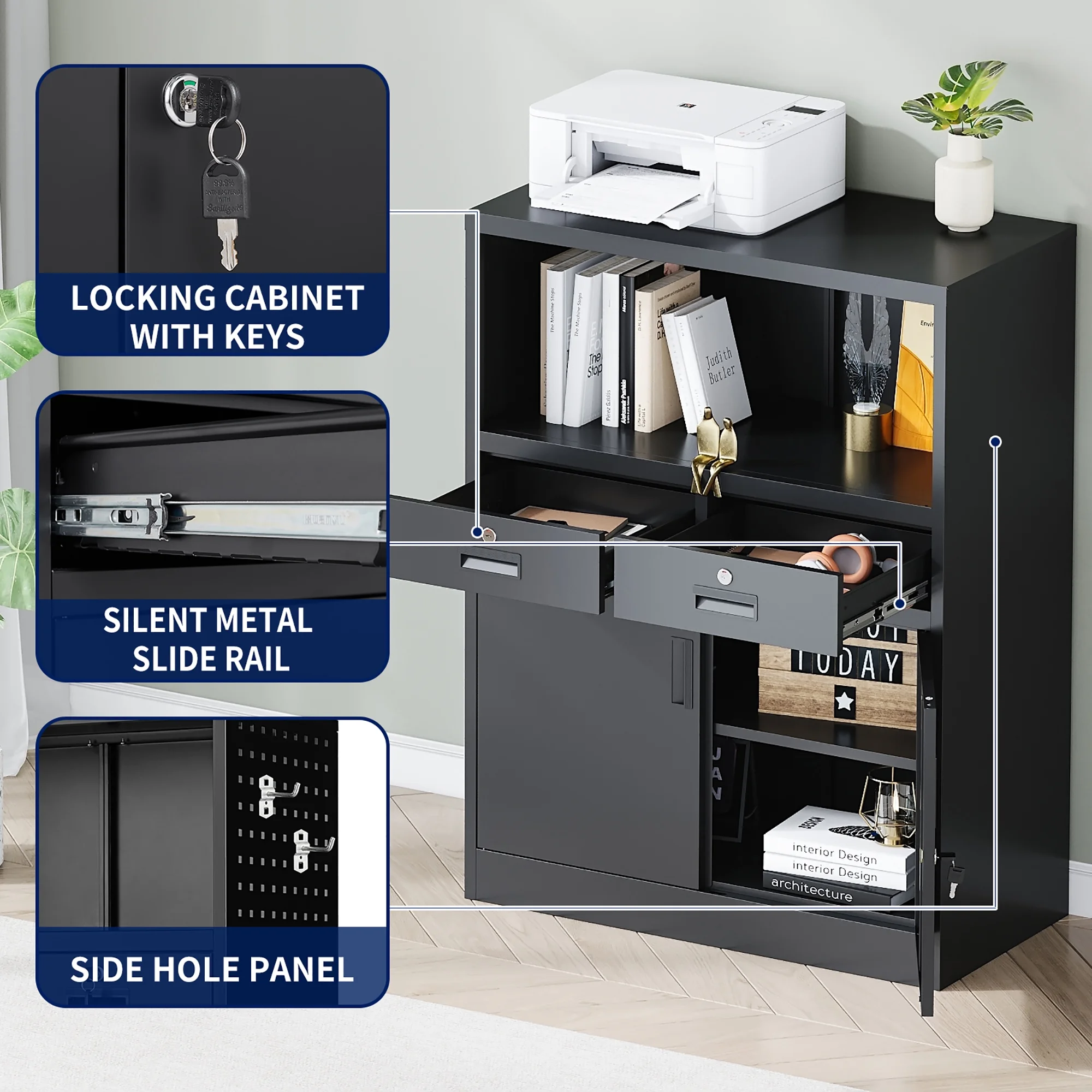 Fesbos Locking Cabinet with 2 Drawers, Metal Storage Cabinet with Locking Doors and Shelves - 41.3