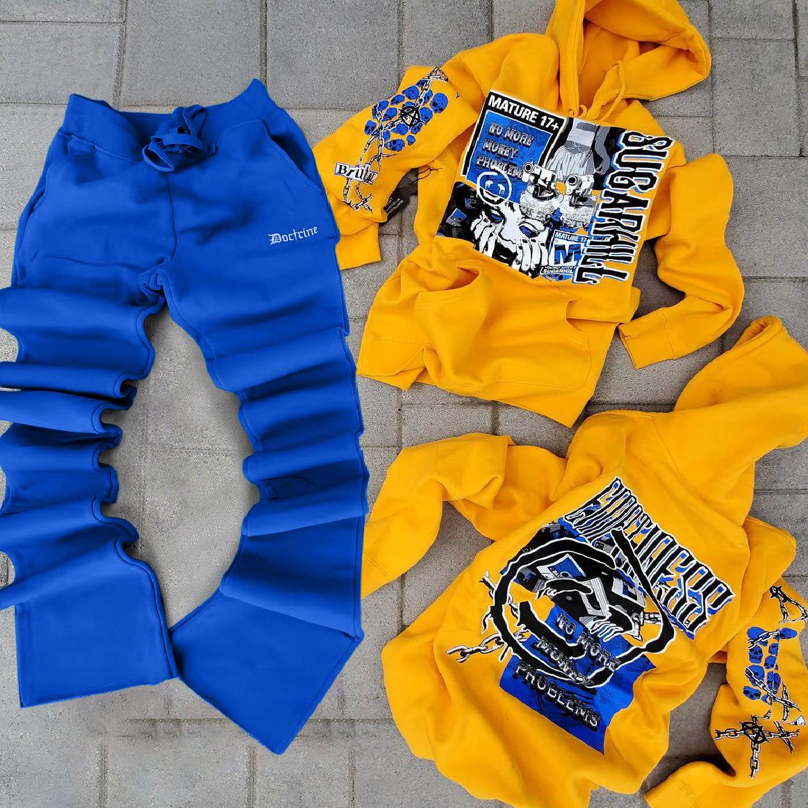 Casual contrasting retro print hoodie and pants suit