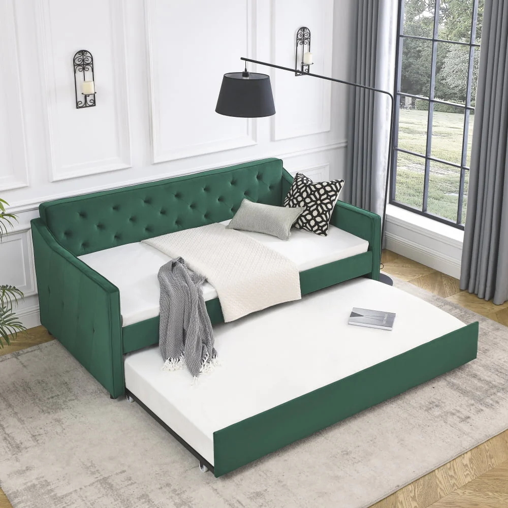 Twin Size Daybed with Trundle, Modern Button Tufted Linen Upholstered Sofa Day Bed Frame with A Roll-Out Trundle, Bedframe Furniture for Bedroom Living Room Guest Room,Green