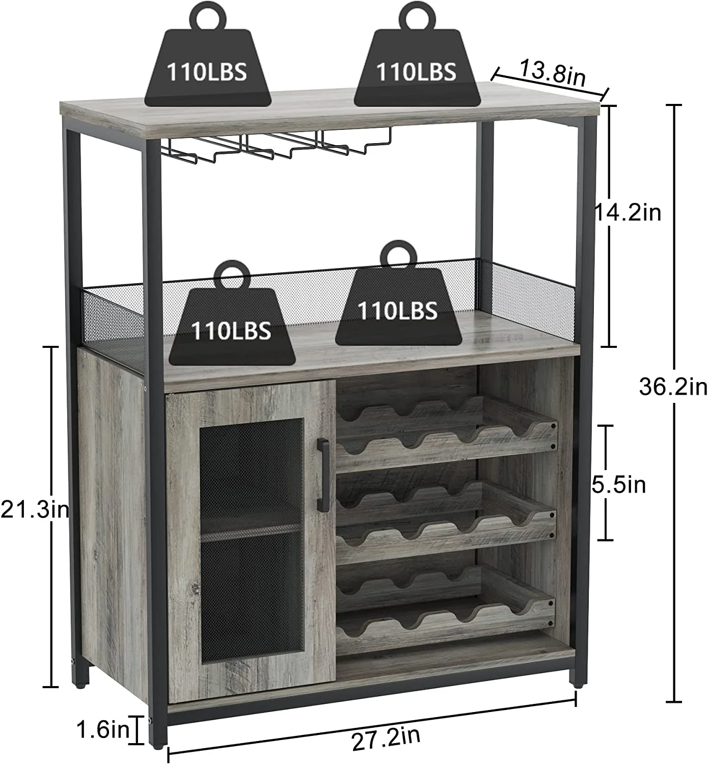 Wine Bar Cabinet, Liquor Storage Cabinet with Detachable Wine Rack, Small Coffee Bar with Glass Holder & Mesh Door, Buffet Sideboard for Dining Room, Kitchen, Living Room, Grey