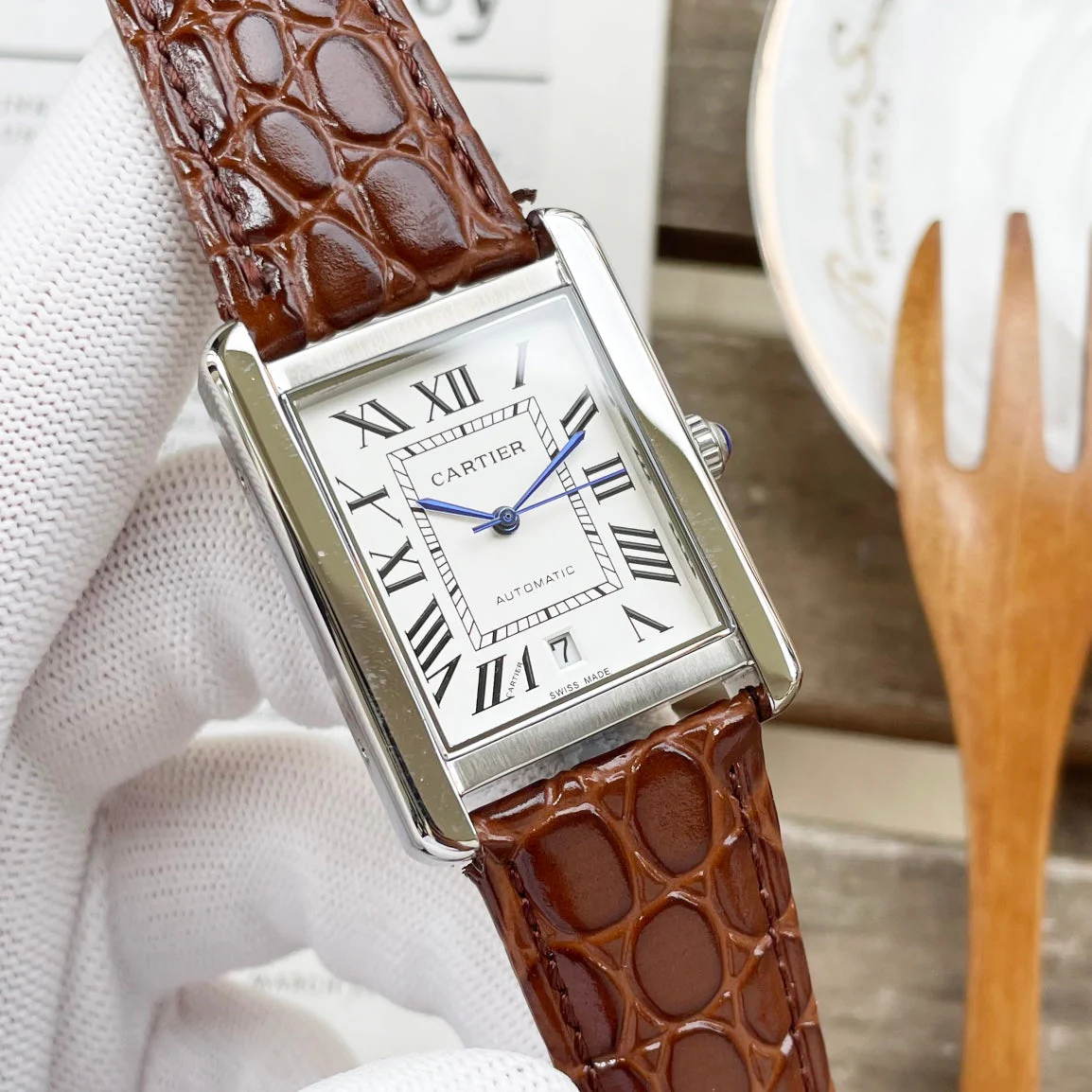 CARTIER Watch TANK MUST 31 LARGE SIZE STEEL CASE CROCODILE LEATHER