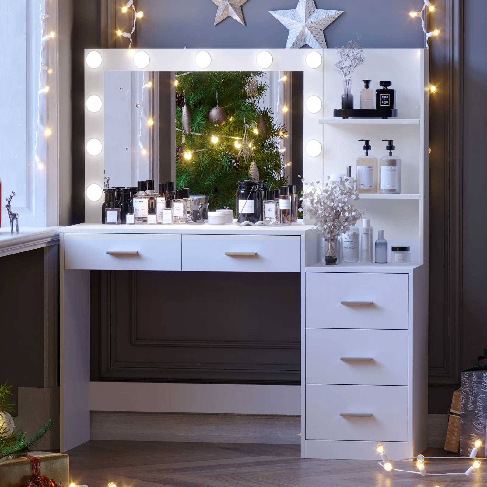 Rovaurx 46.7" Makeup Vanity Table with Lights and Mirror, 5 Drawers, Modern Dressing Desk, White