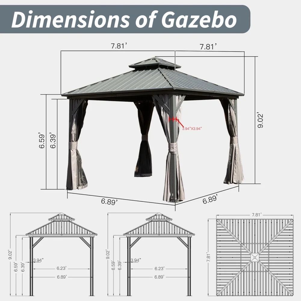 8x8 FT Hardtop Gazebo, Aluminum Frame Canopy with Galvanized Steel Double Roof Canopy, Curtain and Netting, Outdoor Metal Pavilion Permanent Gazebo Pavilion for Patio Backyard Deck Lawn, Grey