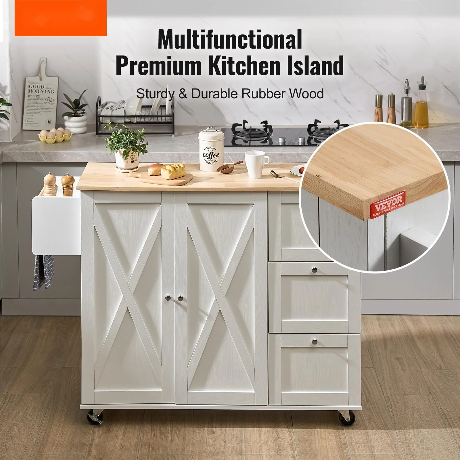 BENTISM 45.3" Kitchen Island Cart Rolling Storage Cabinet Cart with Drawer & Rack