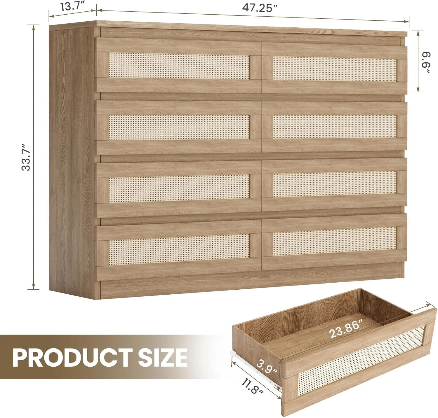 NEILA Chic & Functional Rattan Dresser C 8-Drawer Double Dresser in White for Bedroom, Living Room, Entryway & TV Stand, Modern Wood Chest with Smooth Metal Slides,Natural