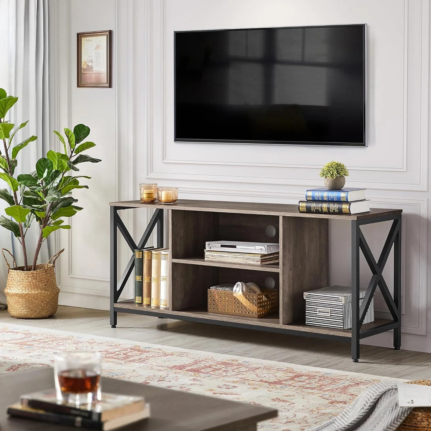 HLL TV Stand for 65 Inch TV, Media Entertainment Center with Storage Shelves for Living Room, TV Console Table for Living Room, Taupe Wood