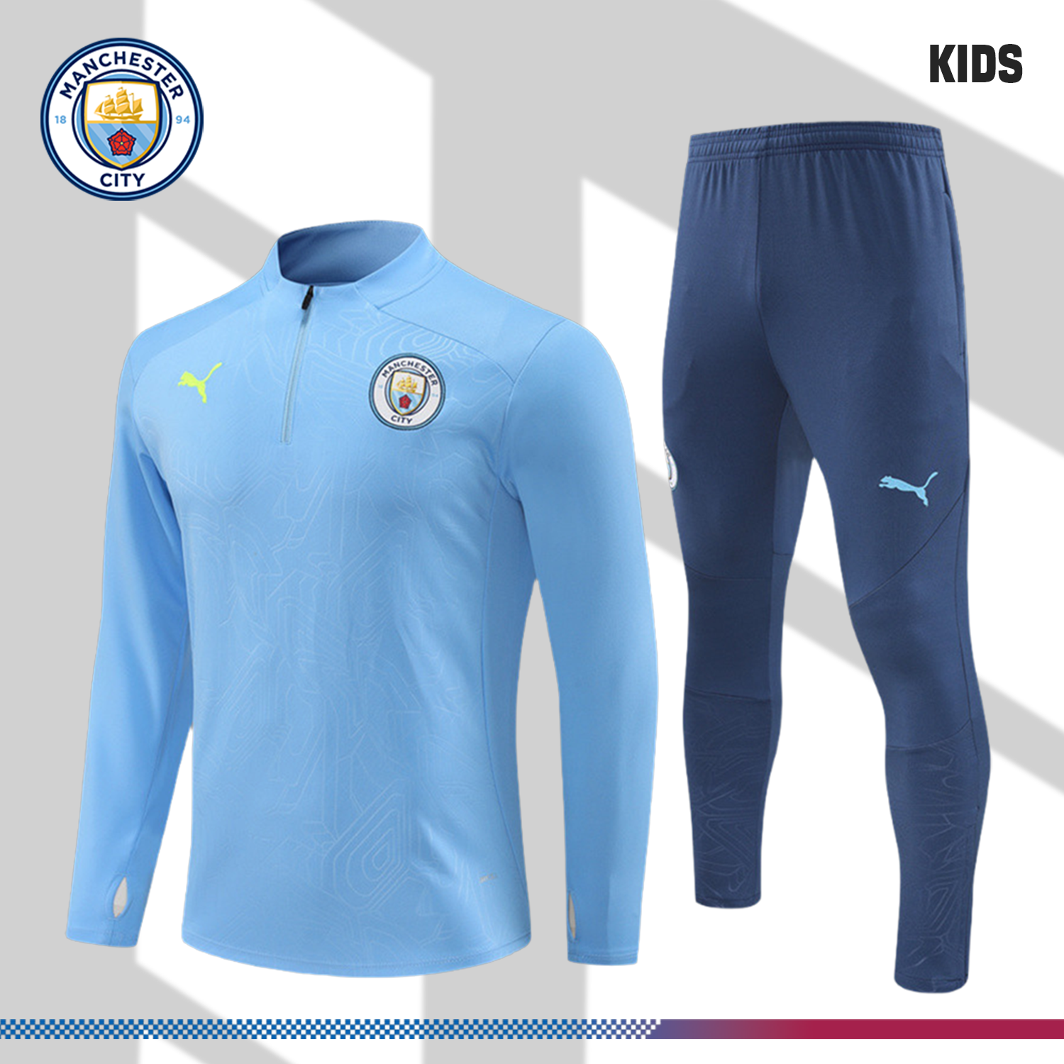 2024/2025 Manchester City Blue Kids Half Zip Training Clothes (Kids Kit)