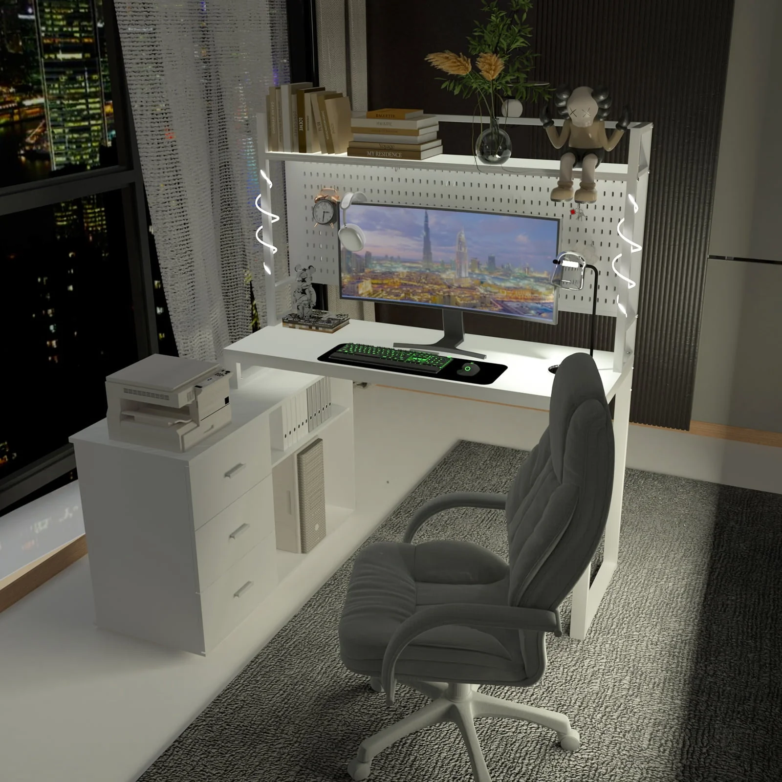 PAKASEPT 4 In 1 Home Office Computer Desk L Shaped Desk, Reversible Corner Desk with Drawers & Shelves & Pegboard, White Desk Study Writing Table for Home Office