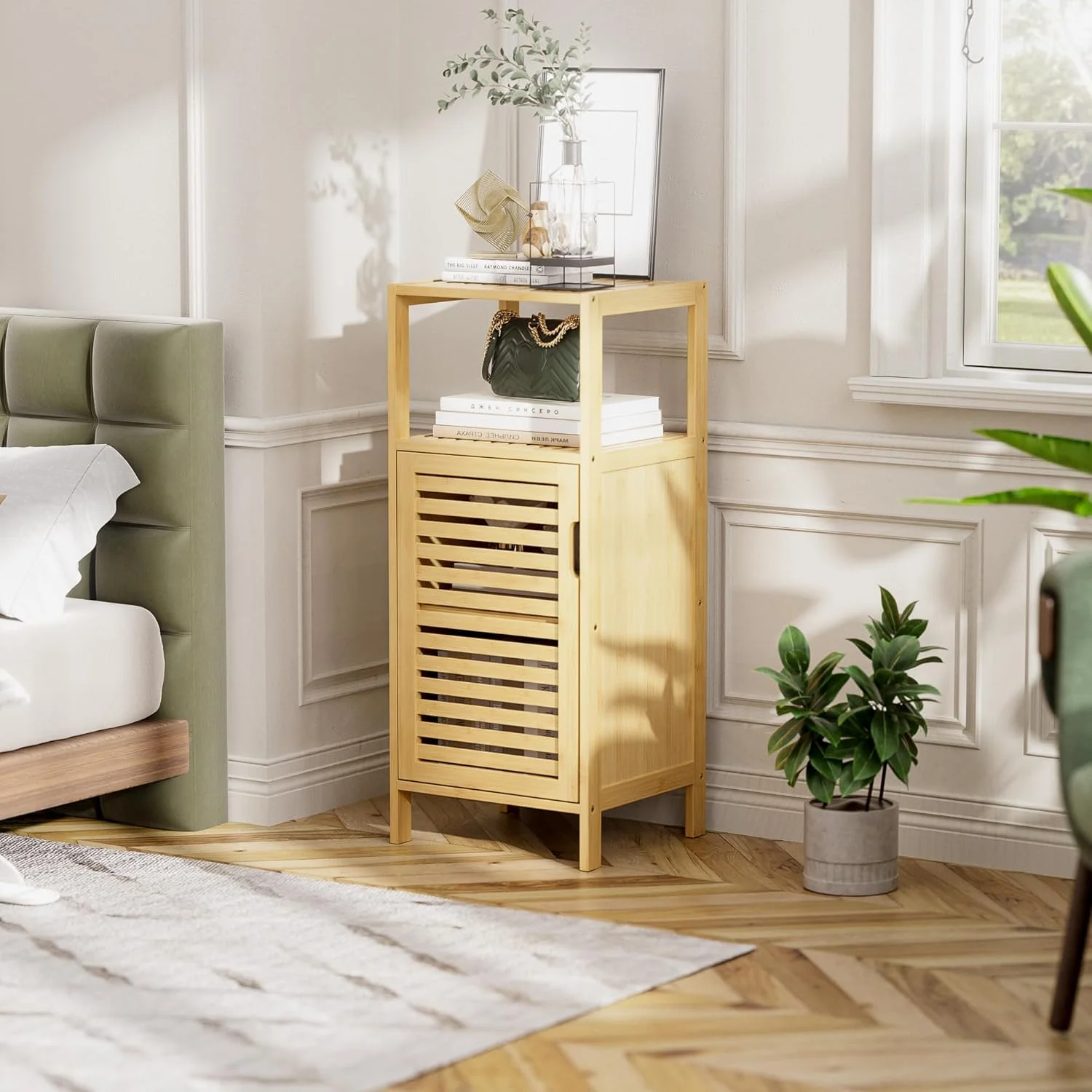 Bathroom Cabinet, Bamboo Floor Cabinet Free Standing, 4 Tier Sofa Side Storage Cupboard for Living Room Kitchen Bedroom