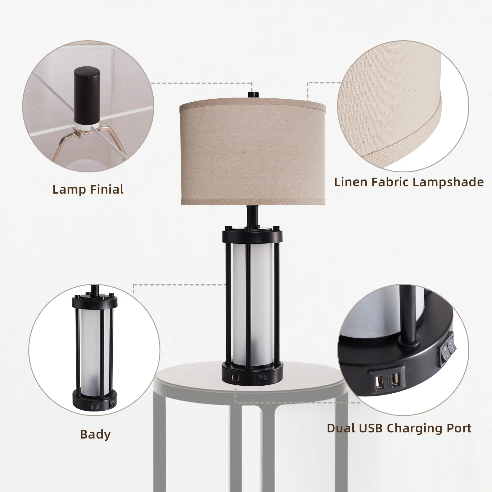 RORIA 24a?? Modern Living Room Table Lamp 2-Piece Set with 2 USB Charging Ports, Built-in White Frosted Glass with Night Light, Black Vintage Rustic Farmhouse Lamp for Bedroom Nightstand Lamps