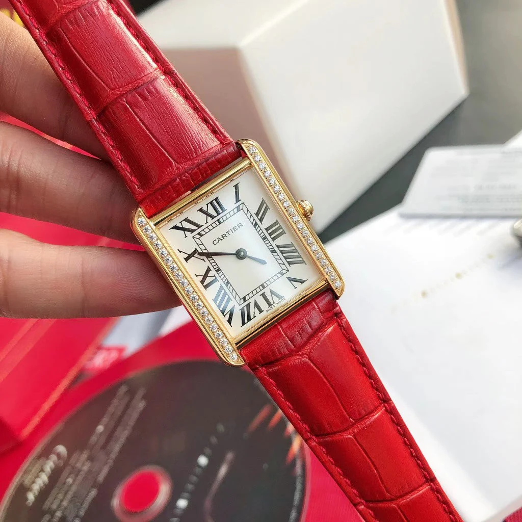 Cartier Watch TANK SOLO GOLD DIAMOND BEZEL RED CROCODILE LEATHER