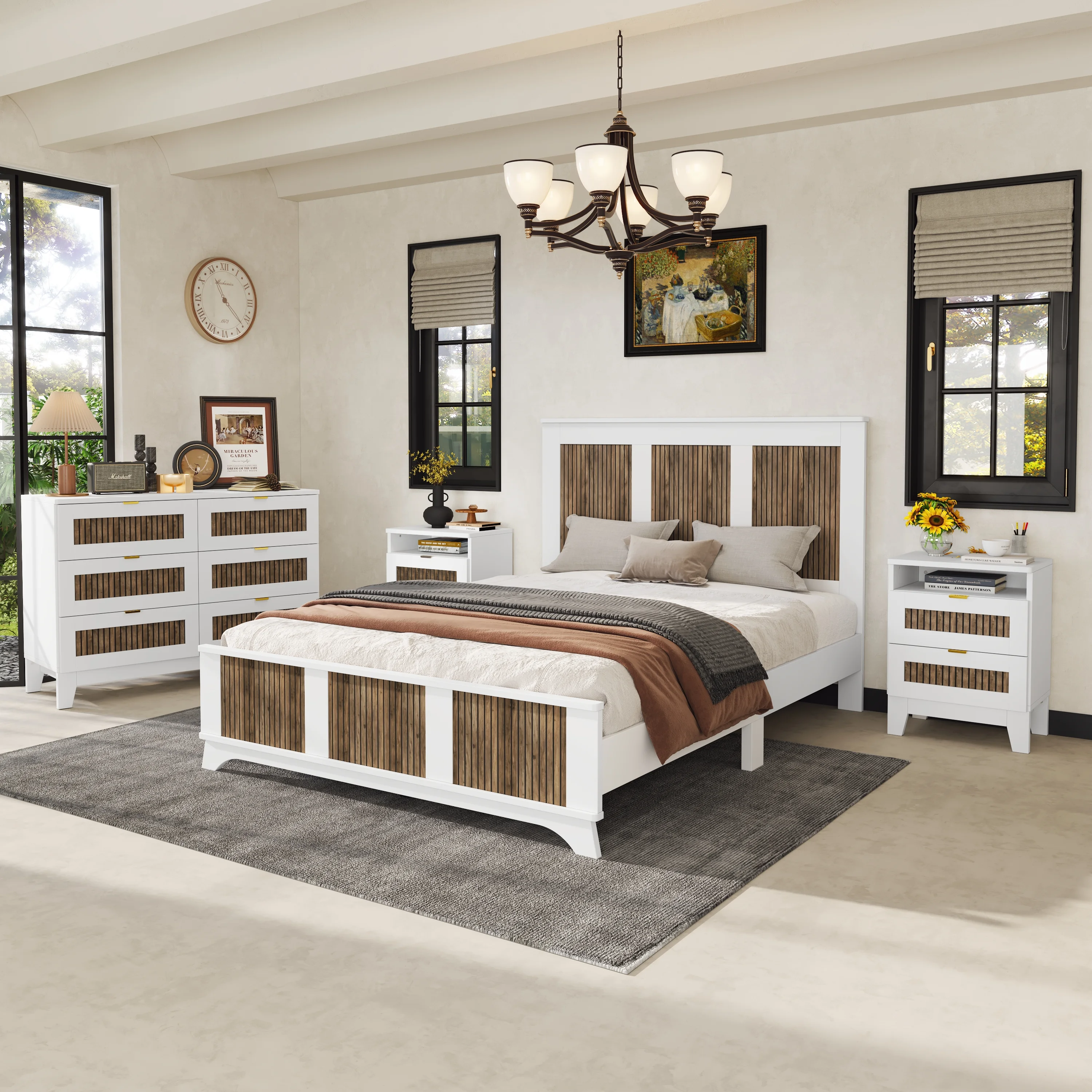 4-Pieces Bedroom Sets, Queen Size Farmhouse Platform Bed with Wooden Strip Stickers Decoration, Storage Nightstand and Dresser with Metal Handle, White